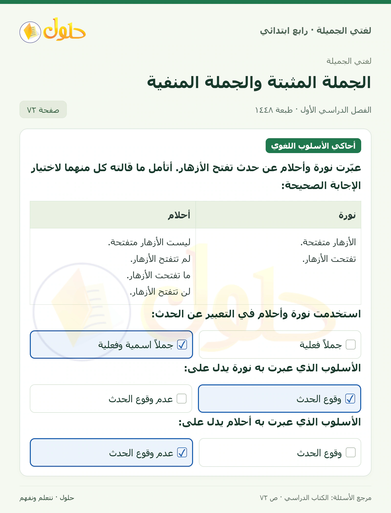 حل لغتي الصف الرابع الابتدائي صفحة 72