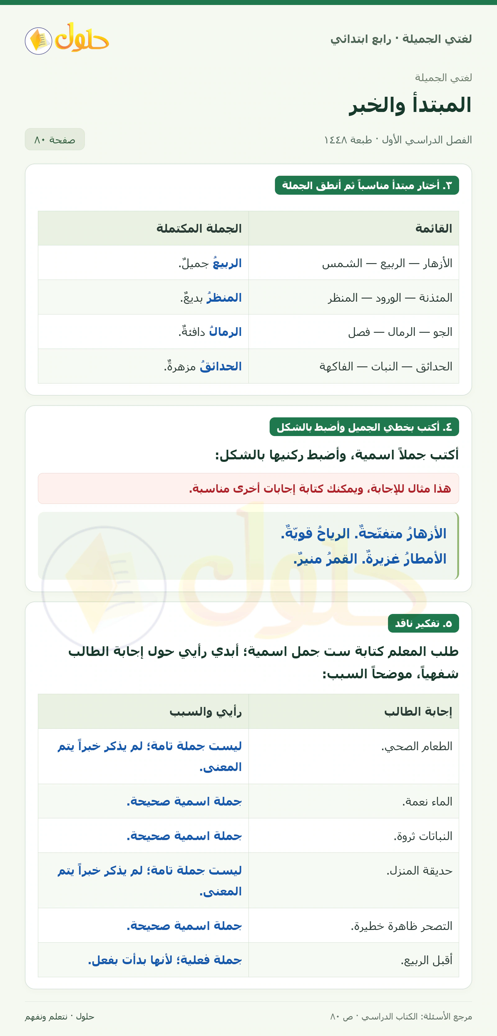 حل لغتي الصف الرابع الابتدائي صفحة 80