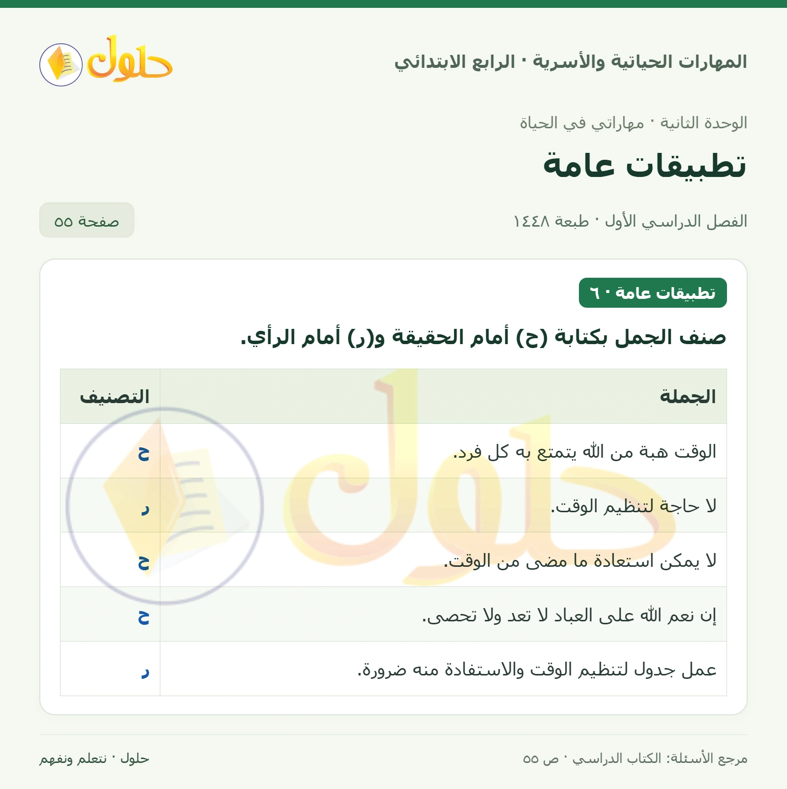 حل المهارات الحياتية والأسرية للصف الرابع الابتدائي، الفصل الدراسي الأول، تطبيقات عامة، صفحة ٥٥، الجزء ١