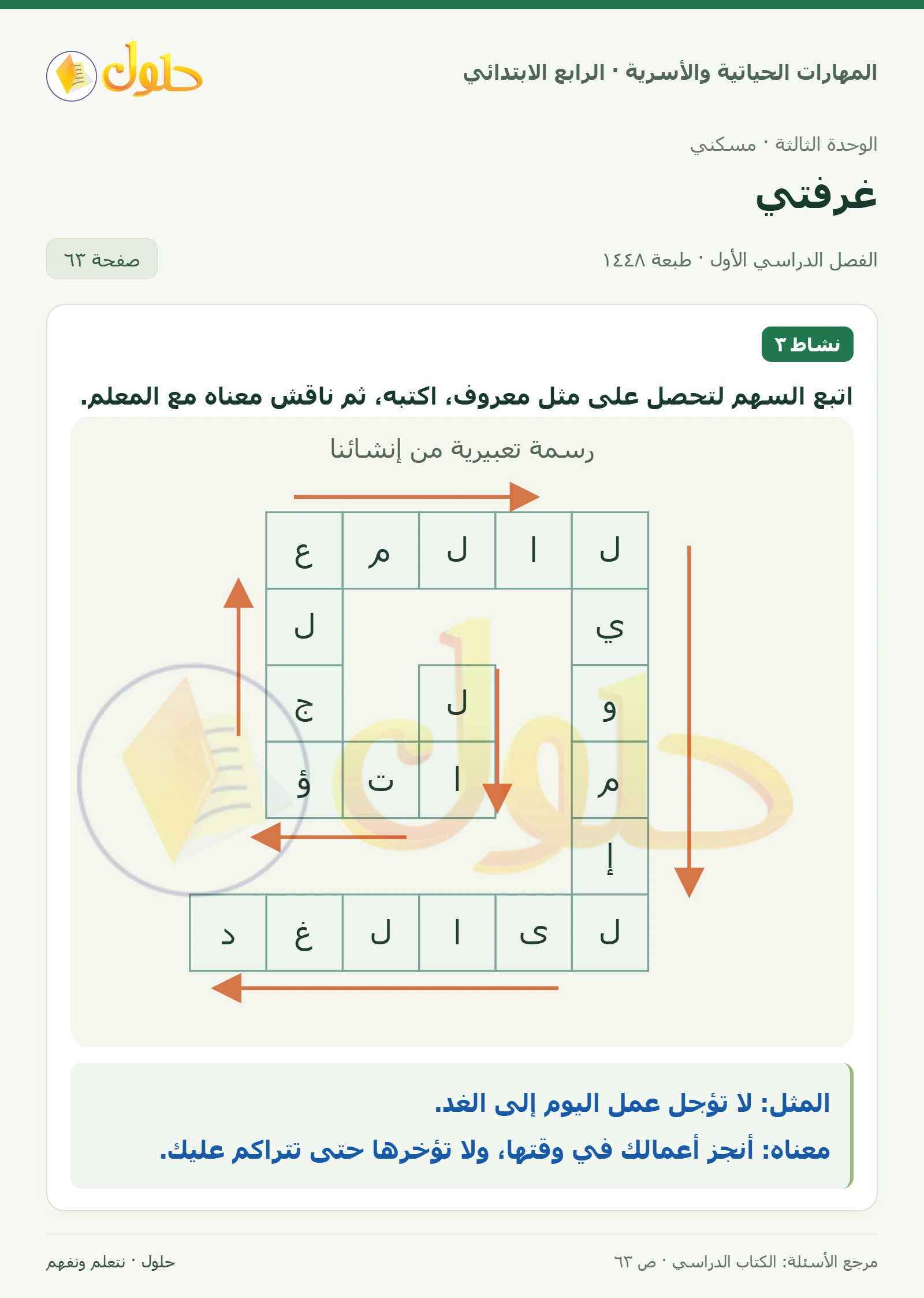 حل المهارات الحياتية والأسرية للصف الرابع الابتدائي، الفصل الدراسي الأول، غرفتي، صفحة ٦٣، الجزء ١