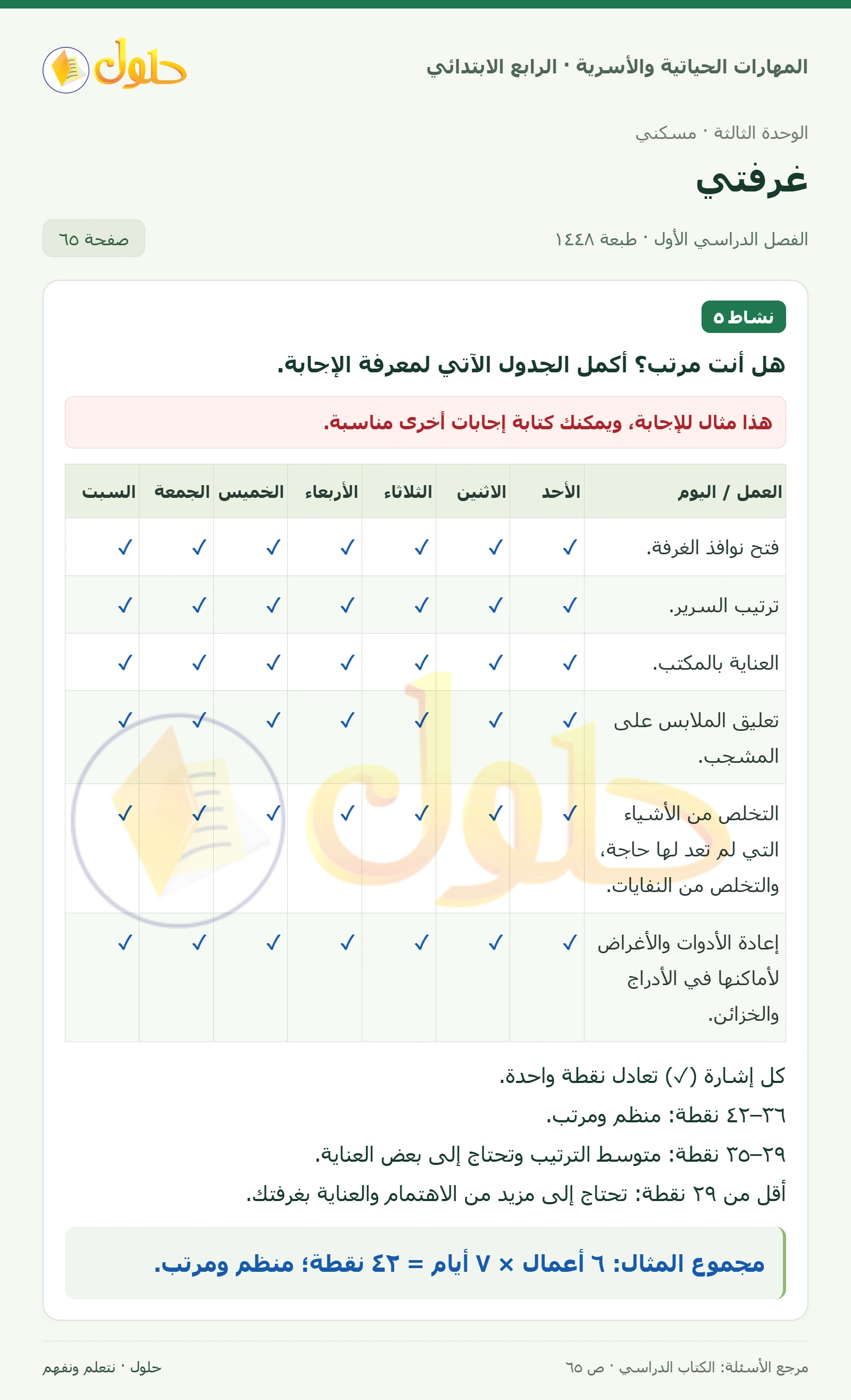 حل المهارات الحياتية والأسرية للصف الرابع الابتدائي، الفصل الدراسي الأول، غرفتي، صفحة ٦٥، الجزء ١