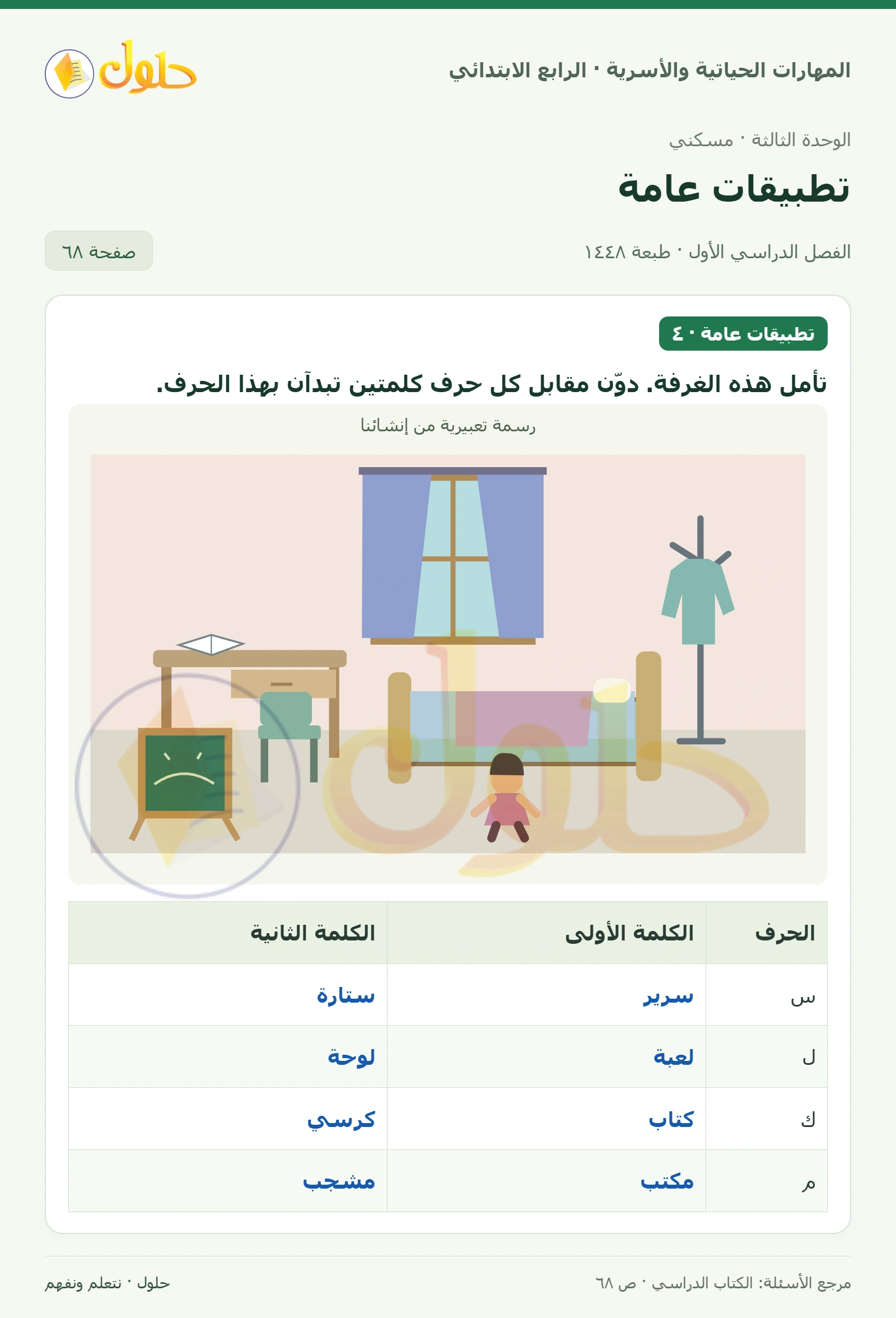 حل المهارات الحياتية والأسرية للصف الرابع الابتدائي، الفصل الدراسي الأول، تطبيقات عامة، صفحة ٦٨، الجزء ١