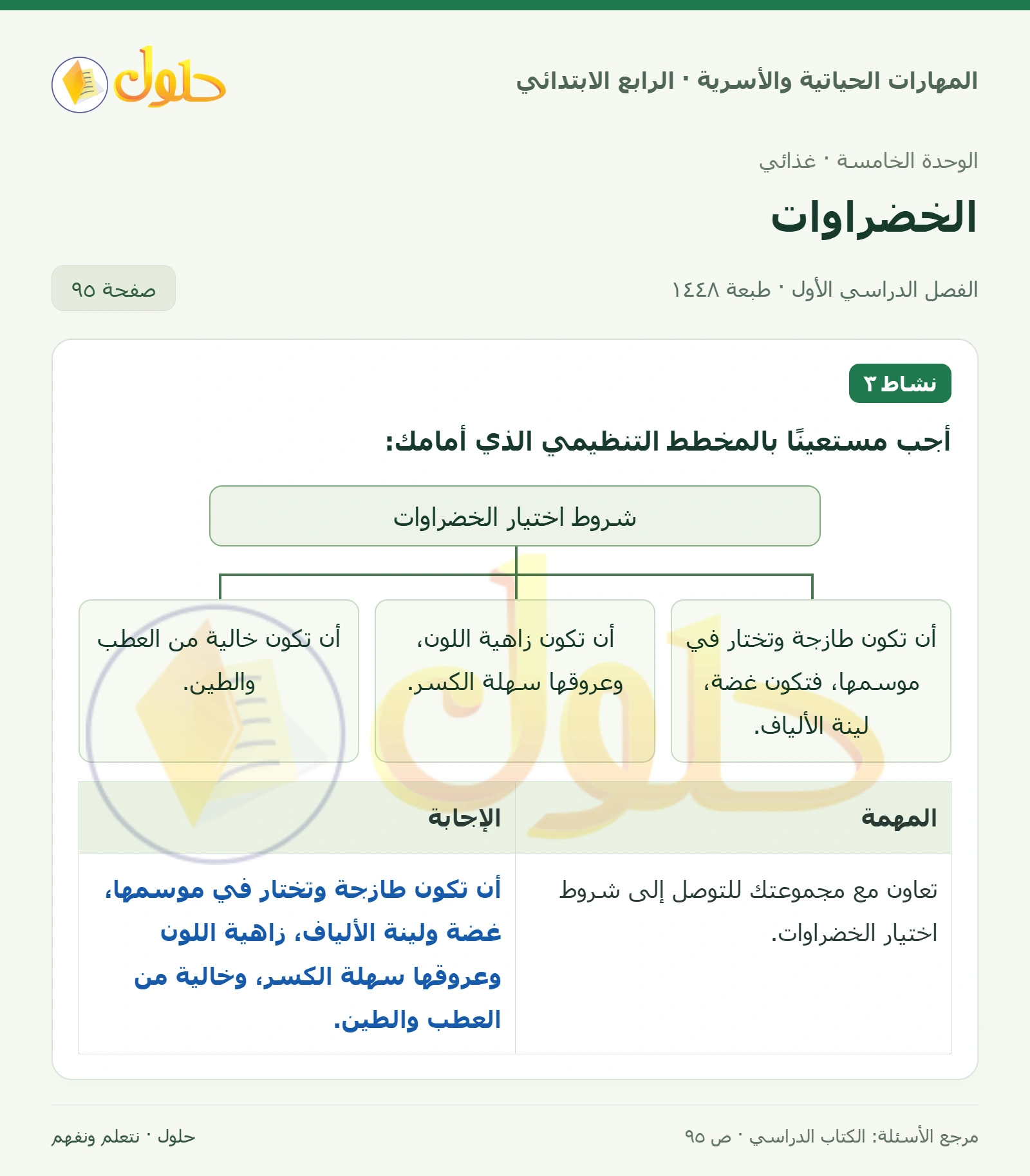 حل المهارات الحياتية والأسرية للصف الرابع الابتدائي، الفصل الدراسي الأول، الخضراوات، صفحة ٩٥، الجزء ١