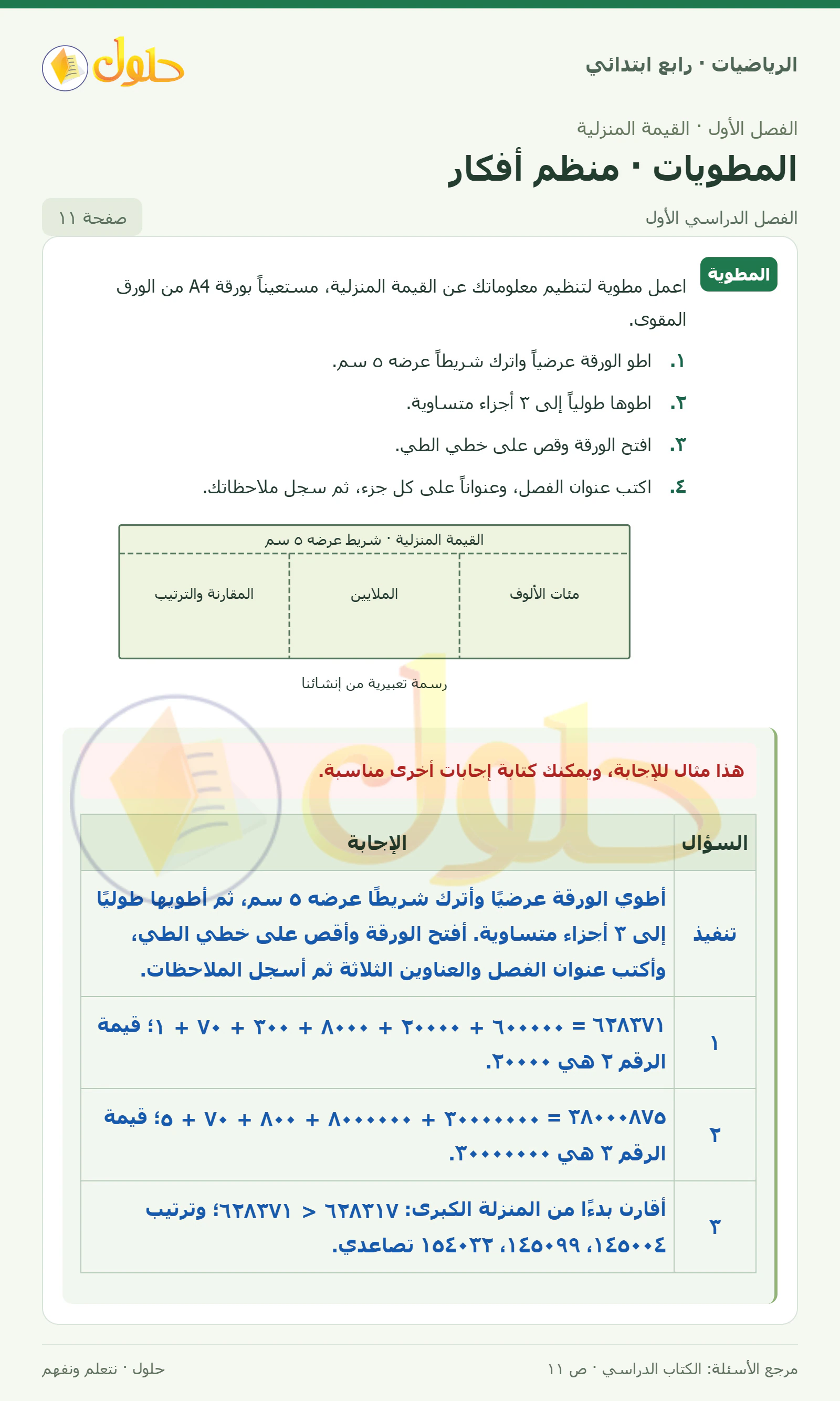 حل الرياضيات للصف الرابع الابتدائي صفحة 11 الجزء 1