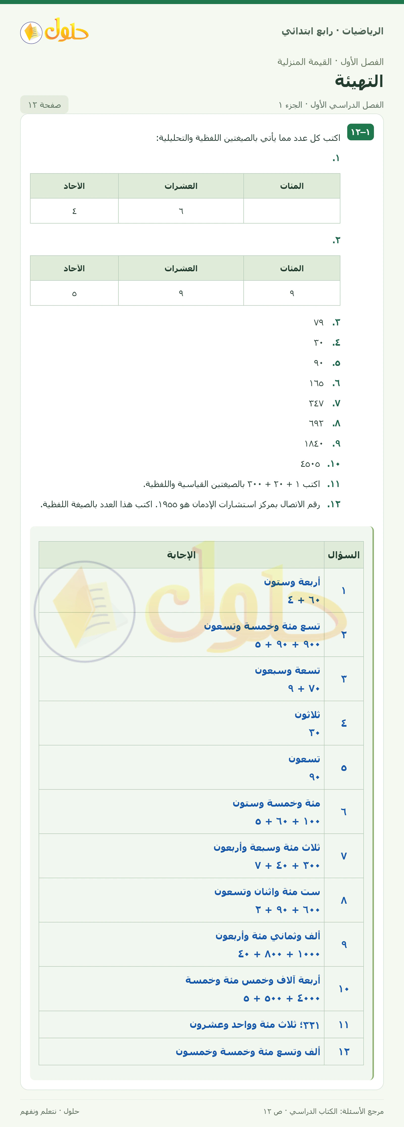 حل الرياضيات للصف الرابع الابتدائي صفحة 12 الجزء 1