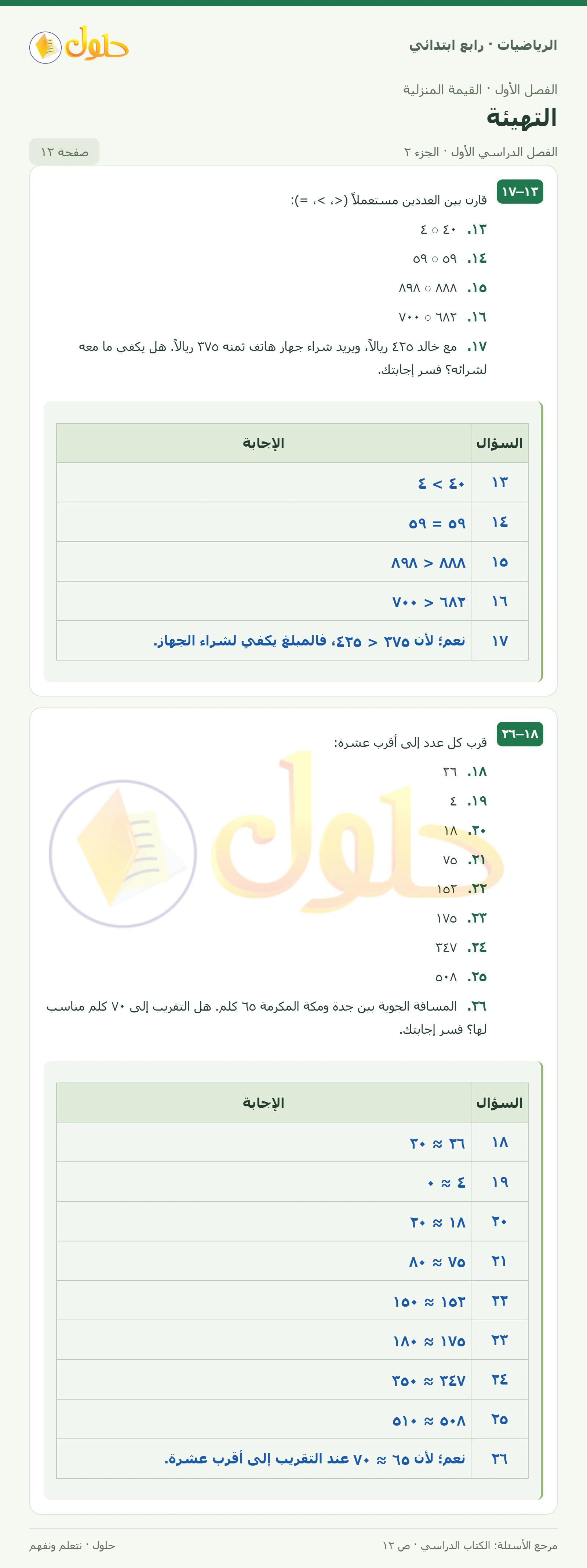 حل الرياضيات للصف الرابع الابتدائي صفحة 12 الجزء 2