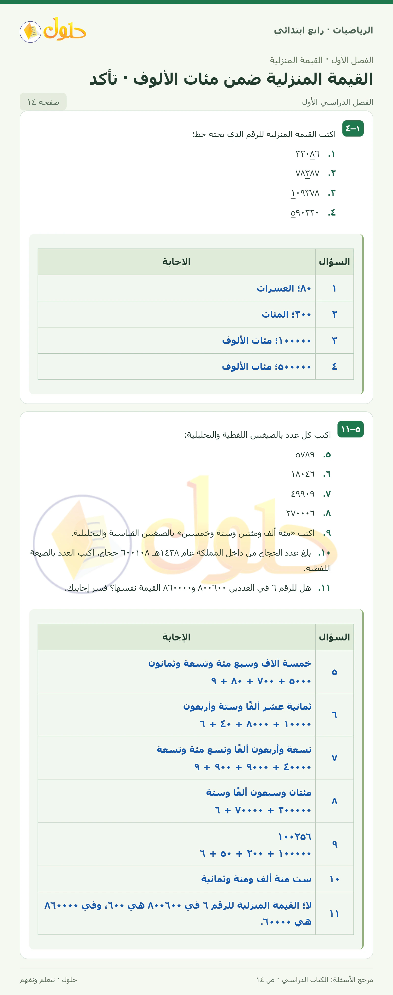 حل الرياضيات للصف الرابع الابتدائي صفحة 14 الجزء 1
