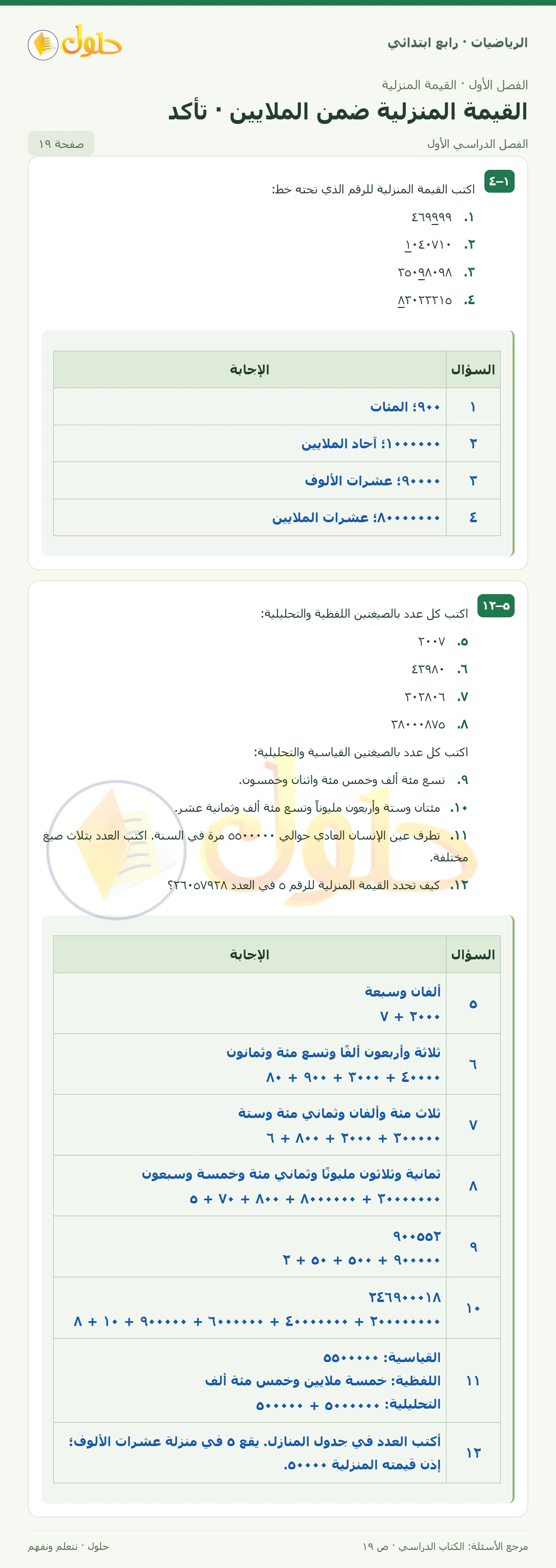 حل الرياضيات للصف الرابع الابتدائي صفحة 19 الجزء 1