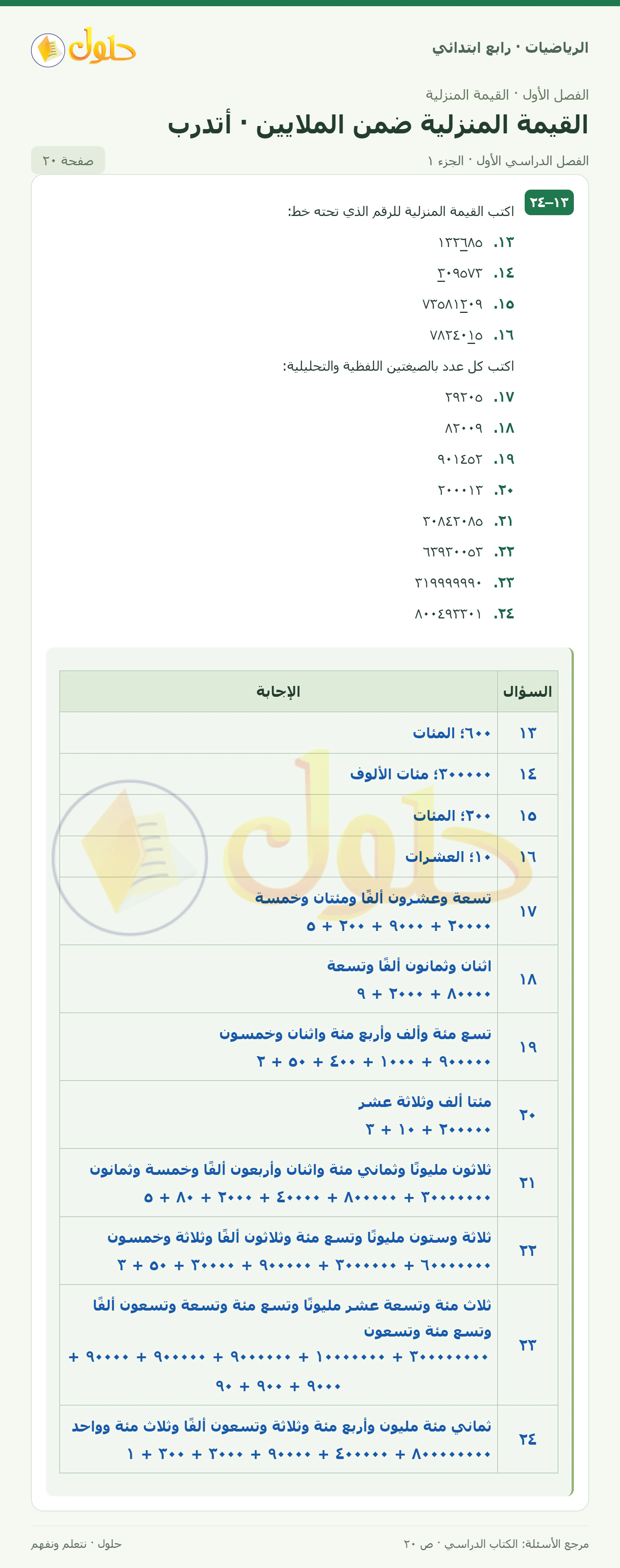حل الرياضيات للصف الرابع الابتدائي صفحة 20 الجزء 1
