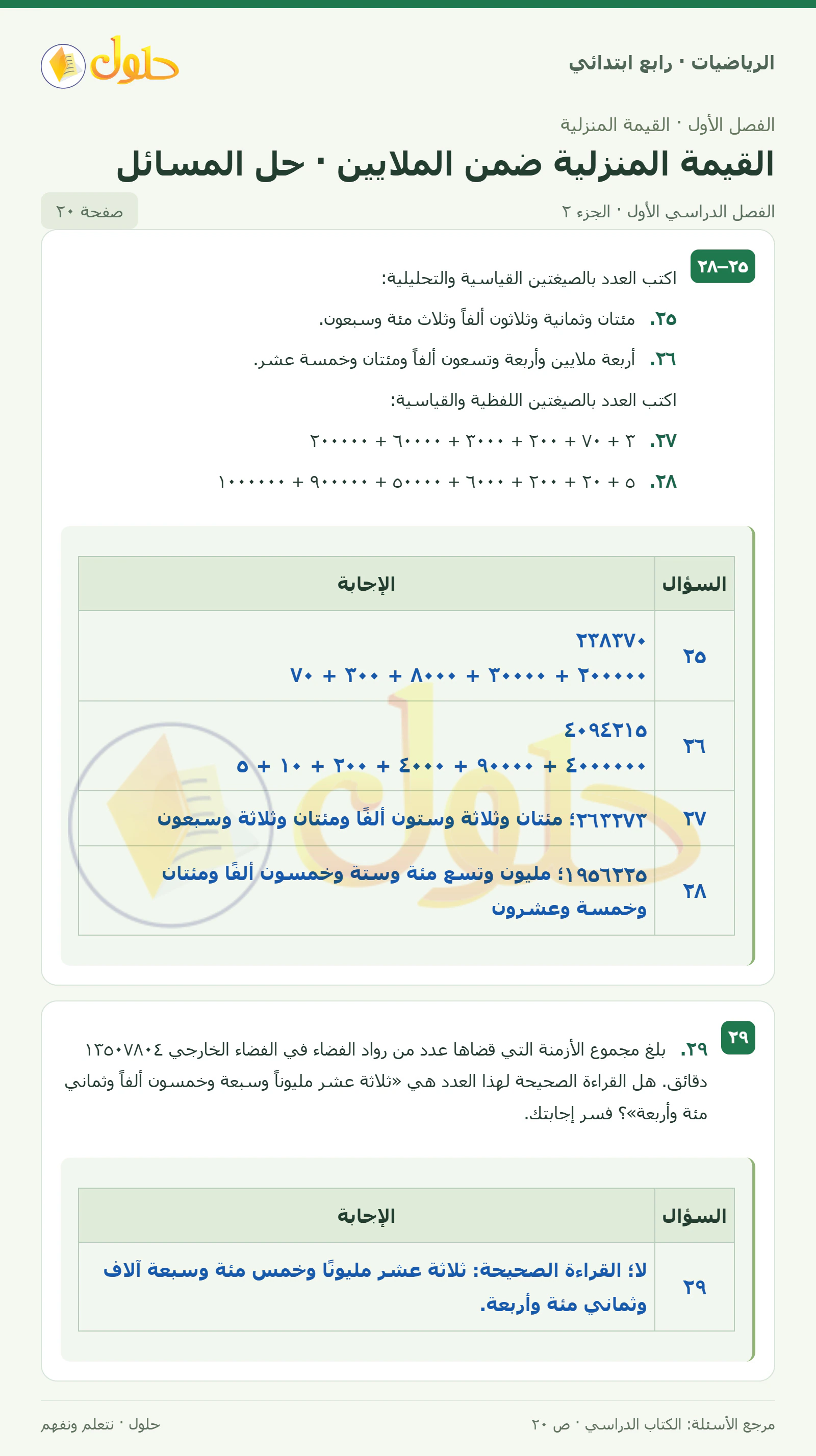 حل الرياضيات للصف الرابع الابتدائي صفحة 20 الجزء 2