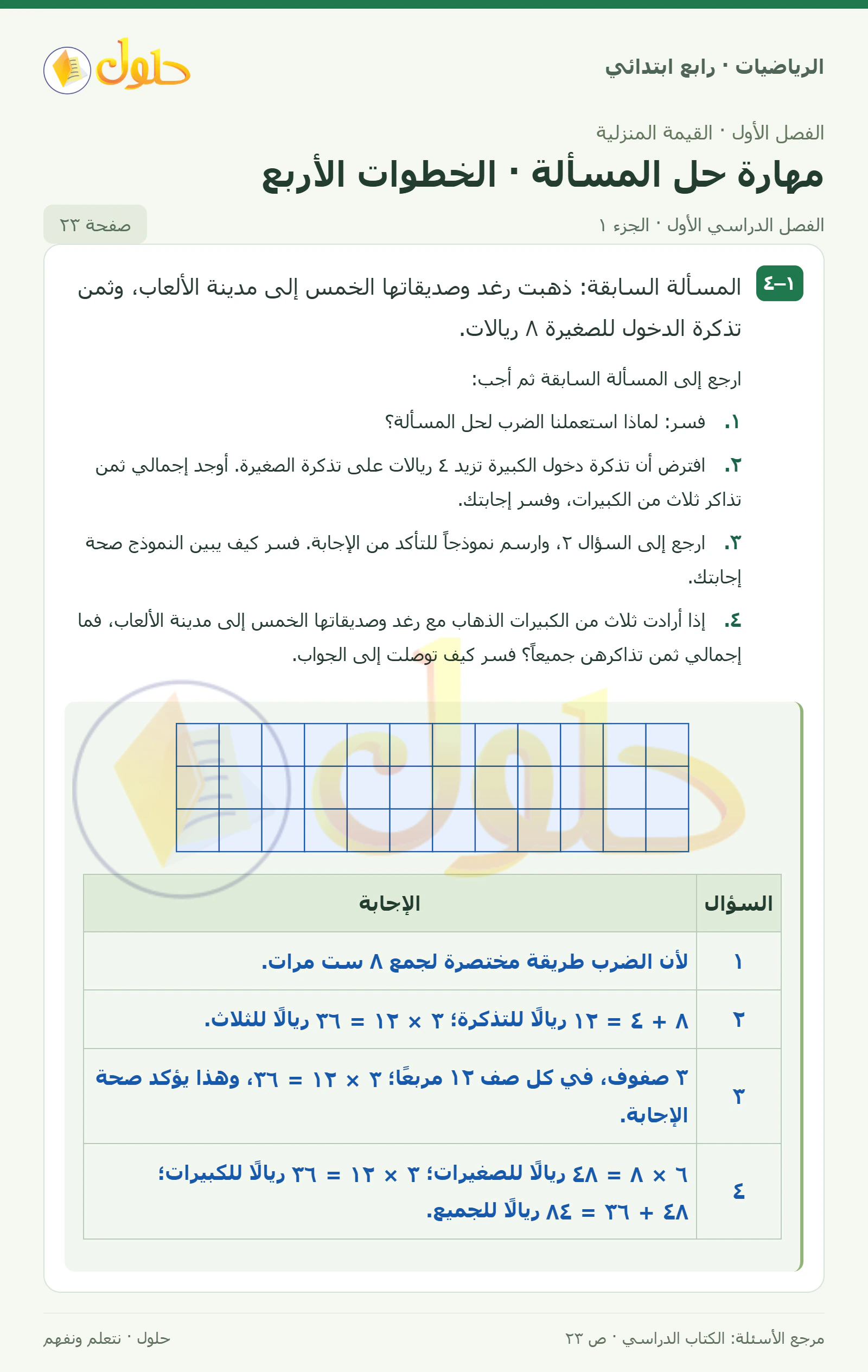 حل الرياضيات للصف الرابع الابتدائي صفحة 23 الجزء 1