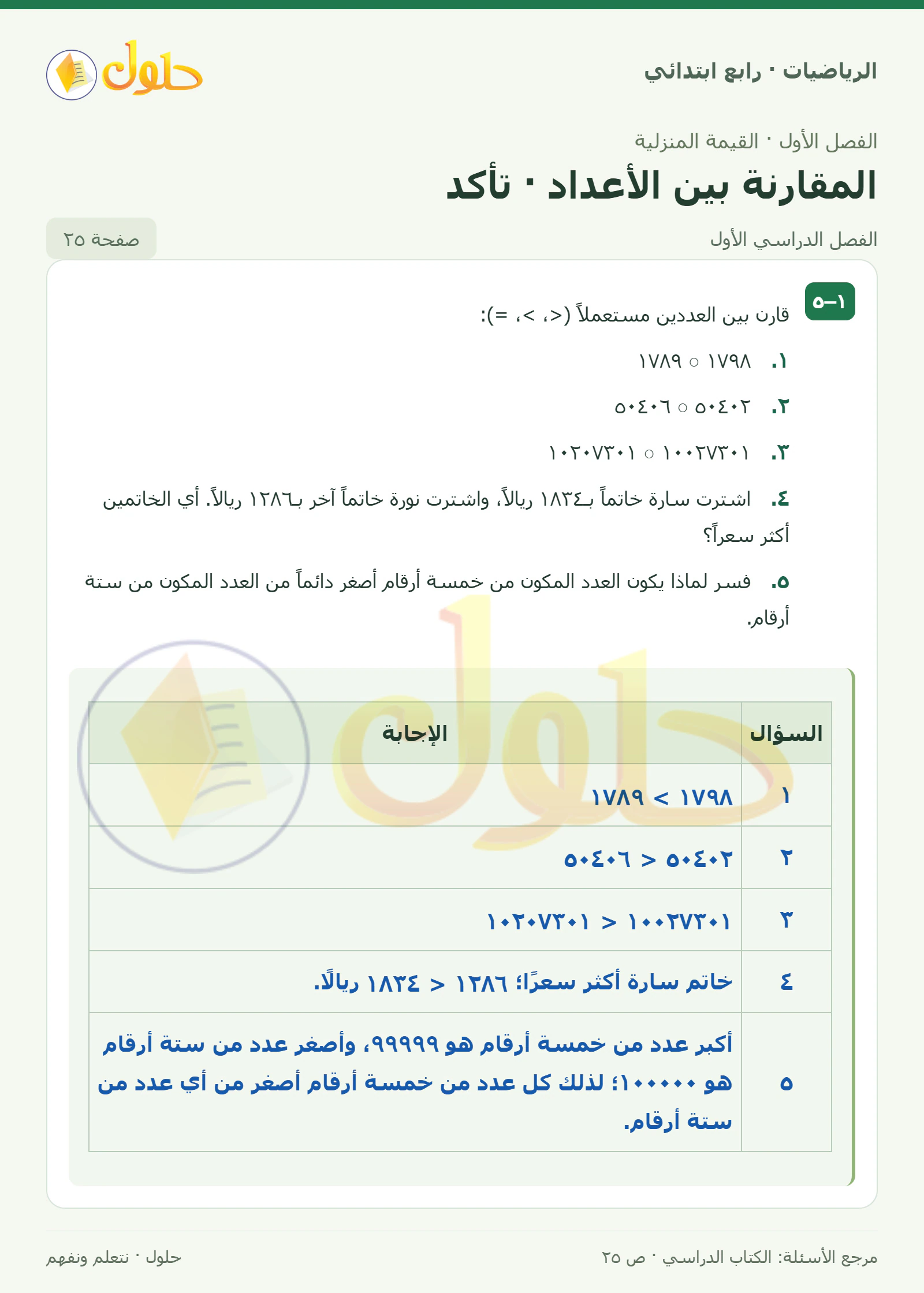 حل الرياضيات للصف الرابع الابتدائي صفحة 25 الجزء 1