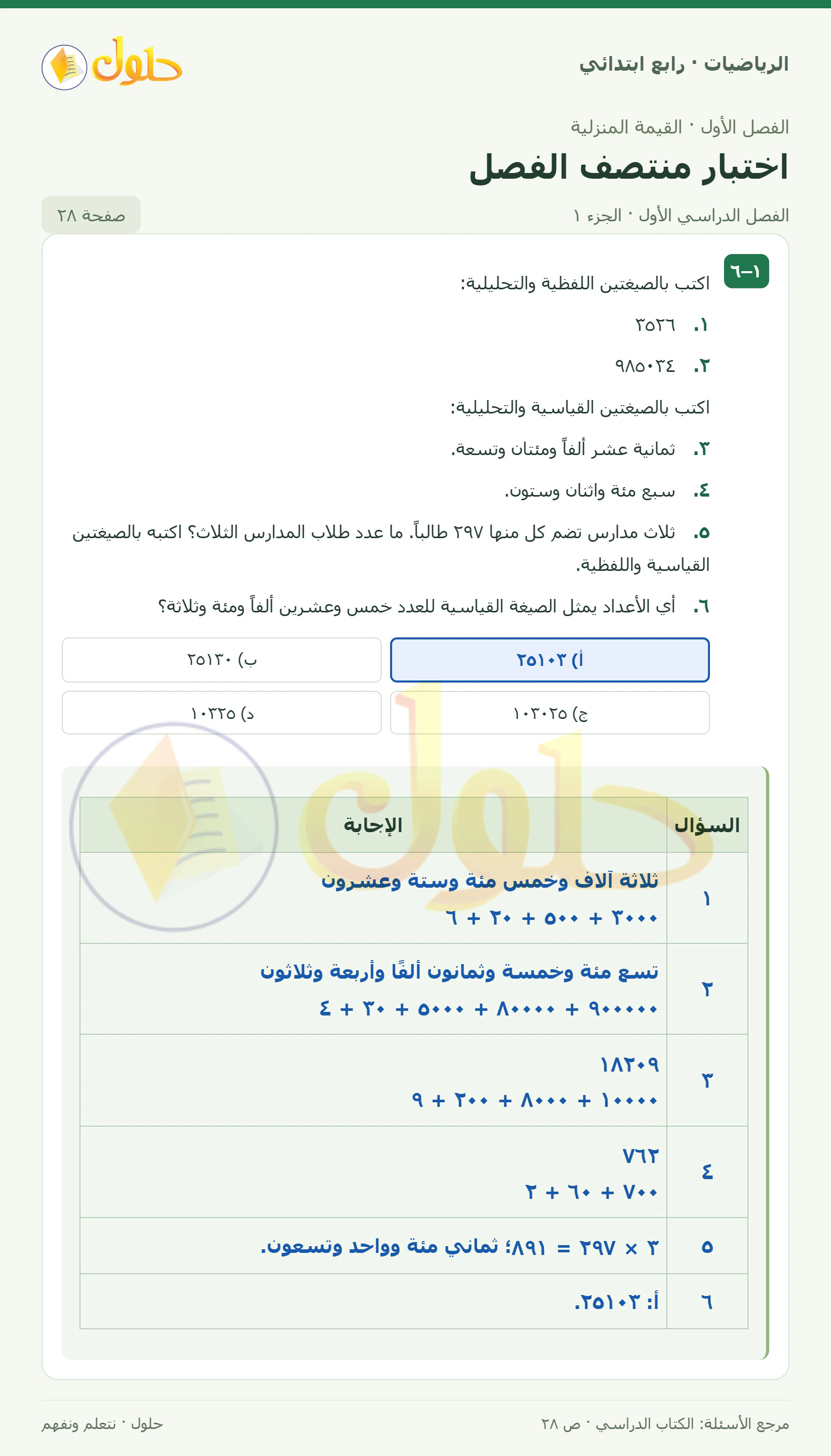 حل الرياضيات للصف الرابع الابتدائي صفحة 28 الجزء 1