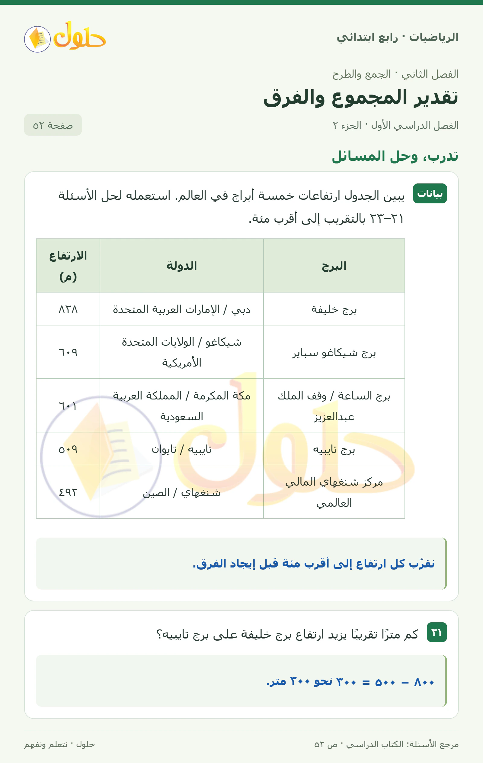 حل الرياضيات للصف الرابع الابتدائي صفحة 52 الجزء 2