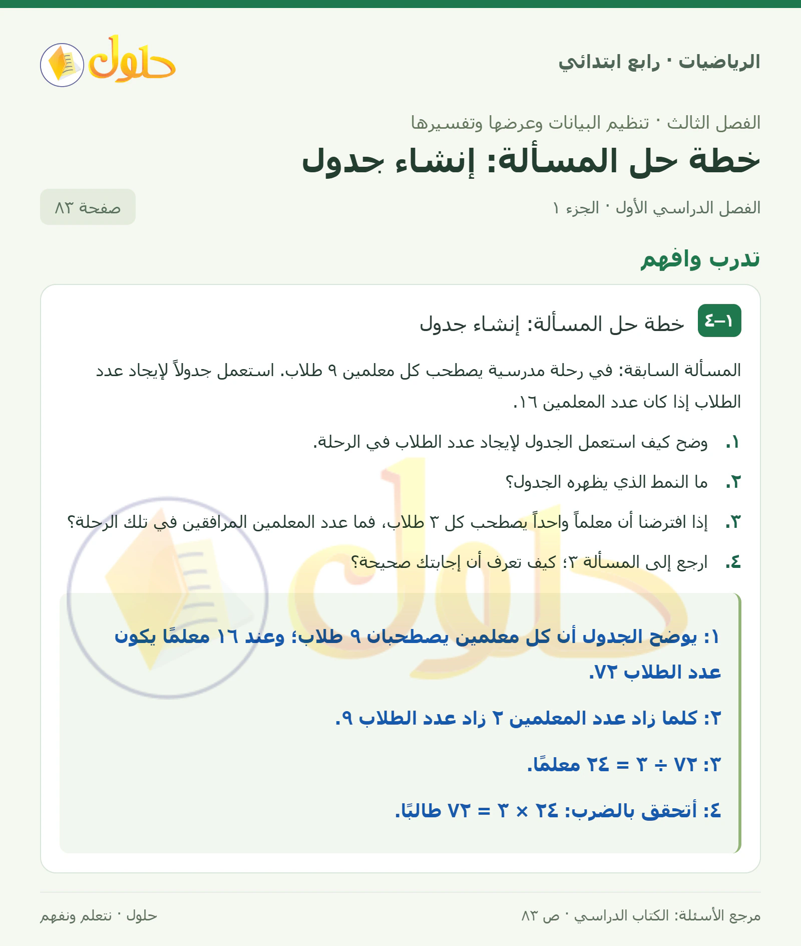 حل الرياضيات للصف الرابع الابتدائي صفحة 83 الجزء 1