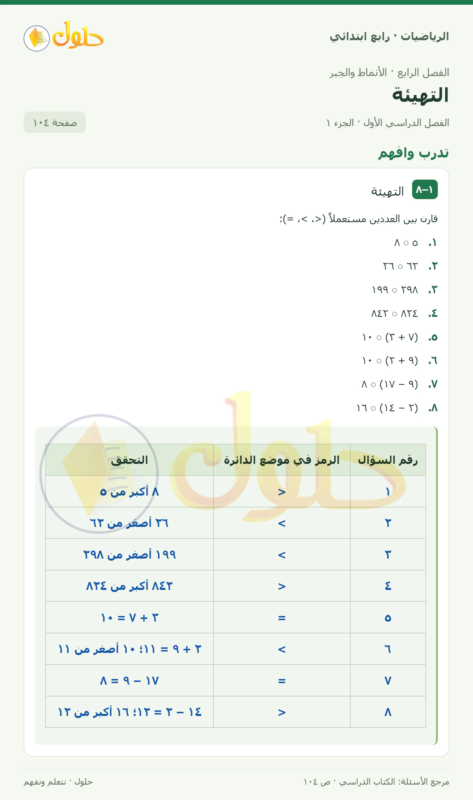 حل الرياضيات للصف الرابع الابتدائي صفحة 104 الجزء 1