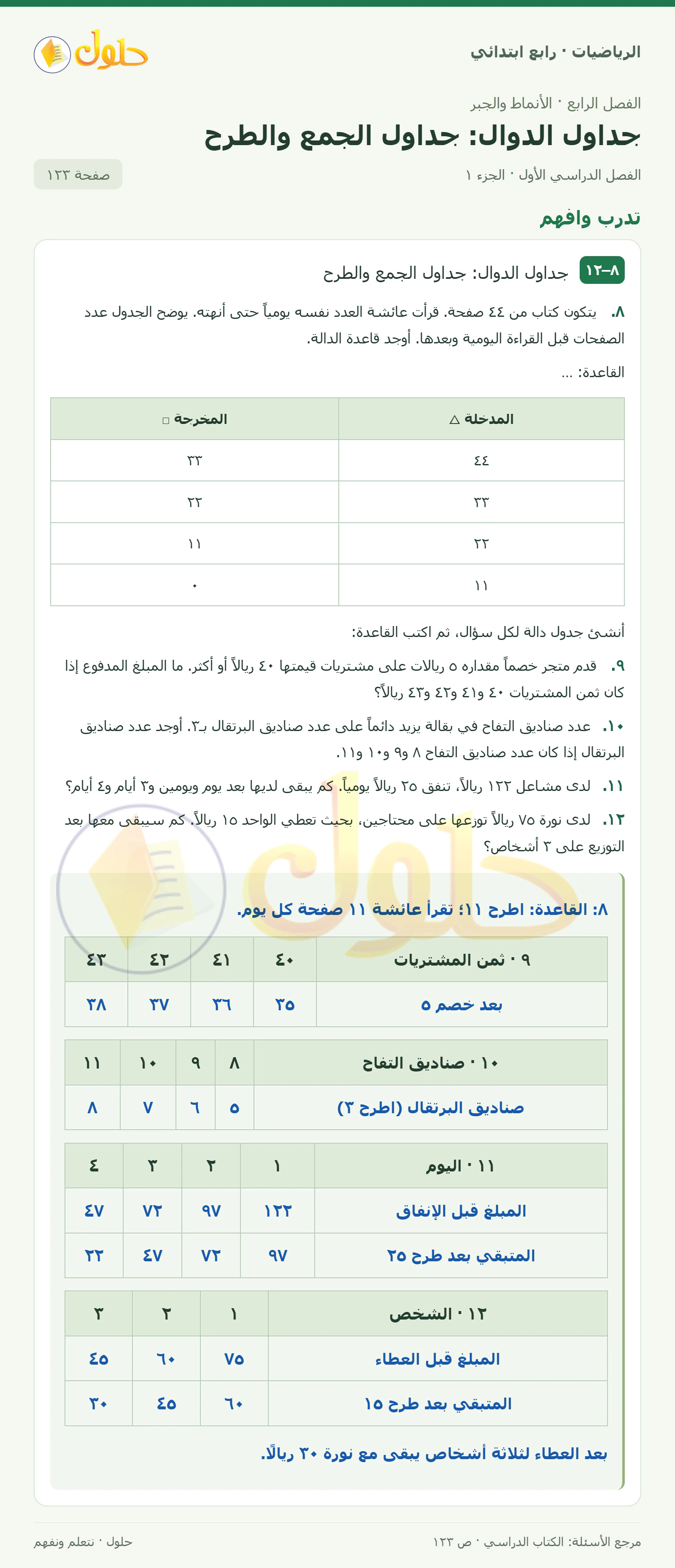 حل الرياضيات للصف الرابع الابتدائي صفحة 123 الجزء 1