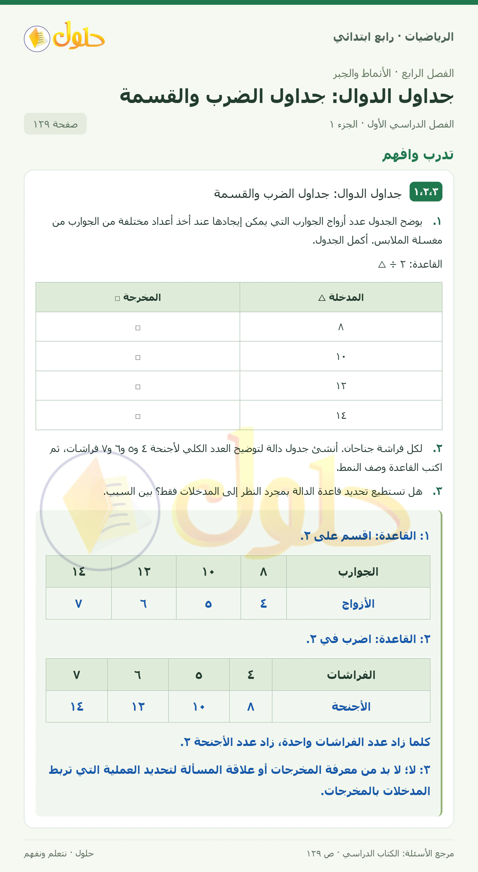 حل الرياضيات للصف الرابع الابتدائي صفحة 129 الجزء 1