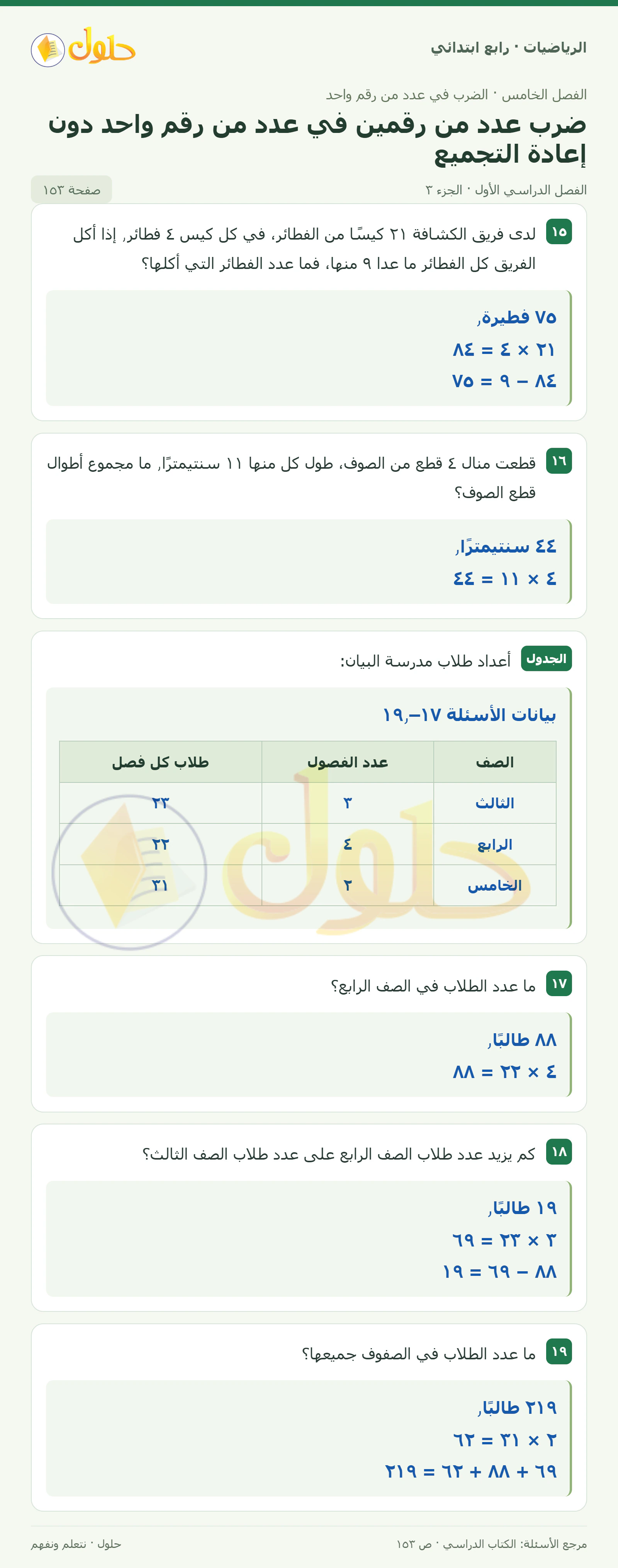حل الرياضيات للصف الرابع الابتدائي صفحة 153 الجزء 3