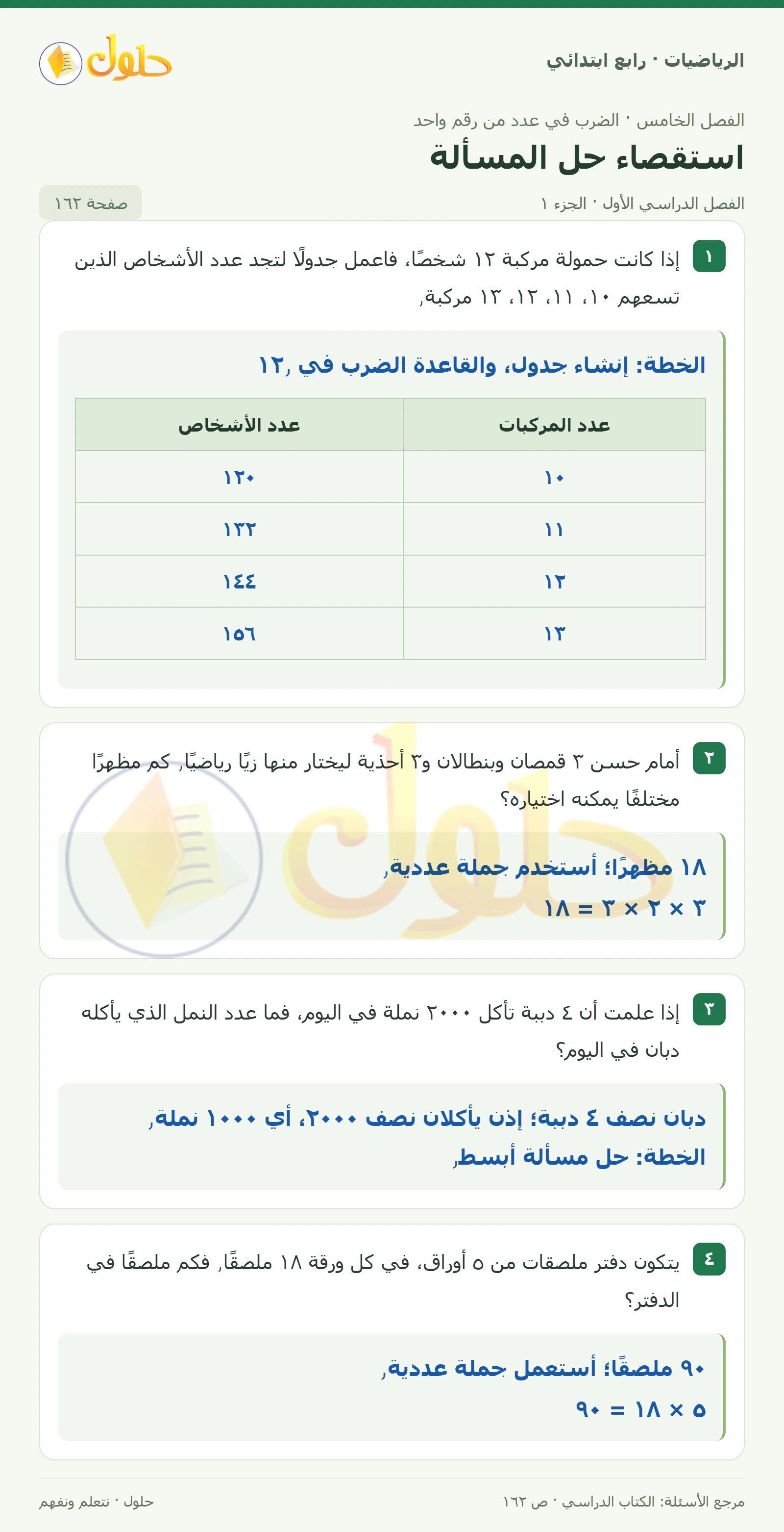 حل الرياضيات للصف الرابع الابتدائي صفحة 162 الجزء 1