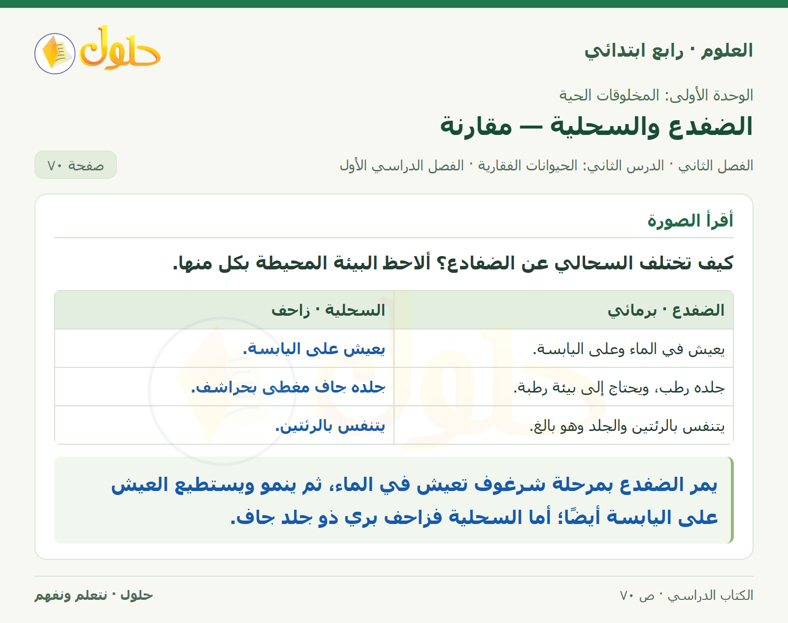 حل العلوم للصف الرابع الابتدائي صفحة 70، الجزء ١