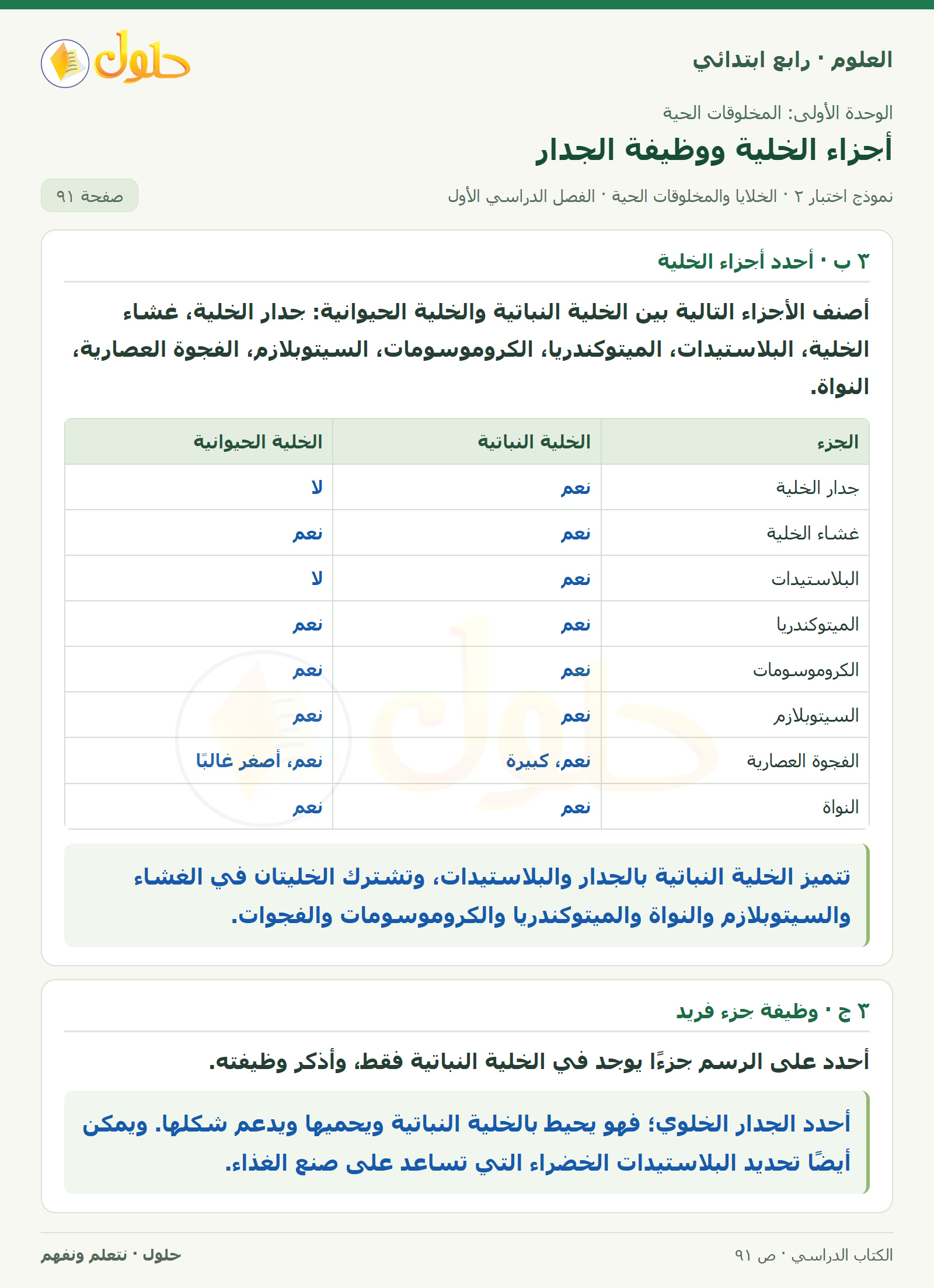 حل العلوم للصف الرابع الابتدائي صفحة 91، الجزء ٤