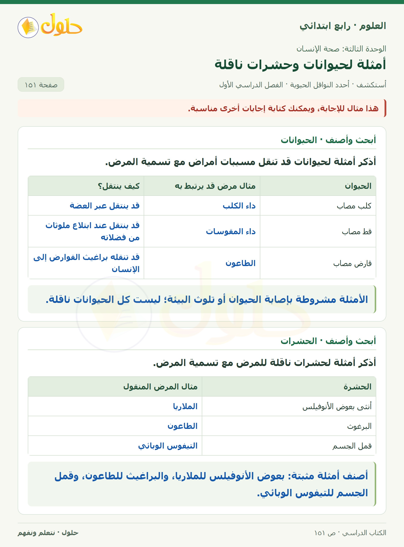 حل العلوم للصف الرابع الابتدائي صفحة 151، الجزء ١