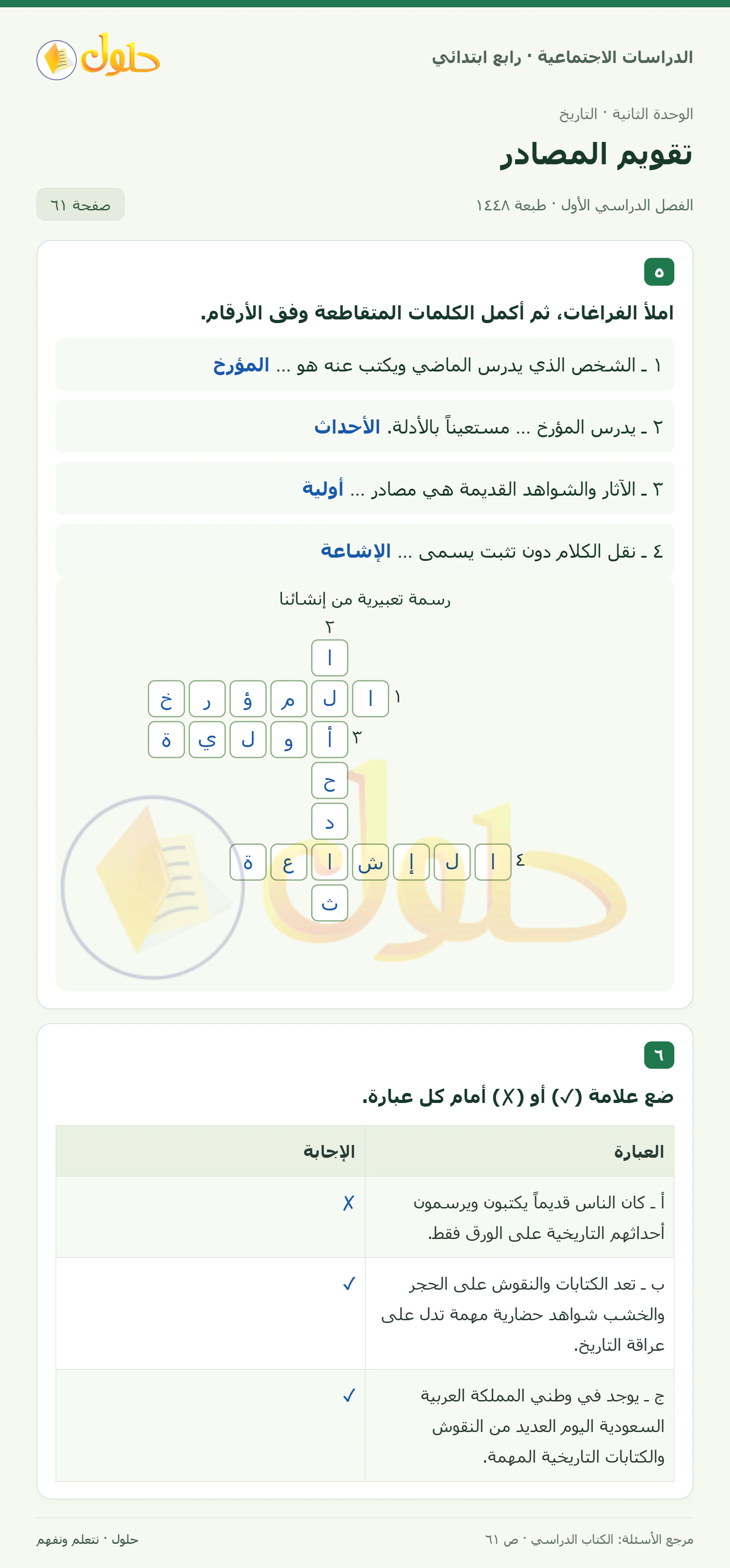 حل الدراسات الاجتماعية للصف الرابع الابتدائي، الفصل الدراسي الأول، صفحة ٦١، الجزء ١