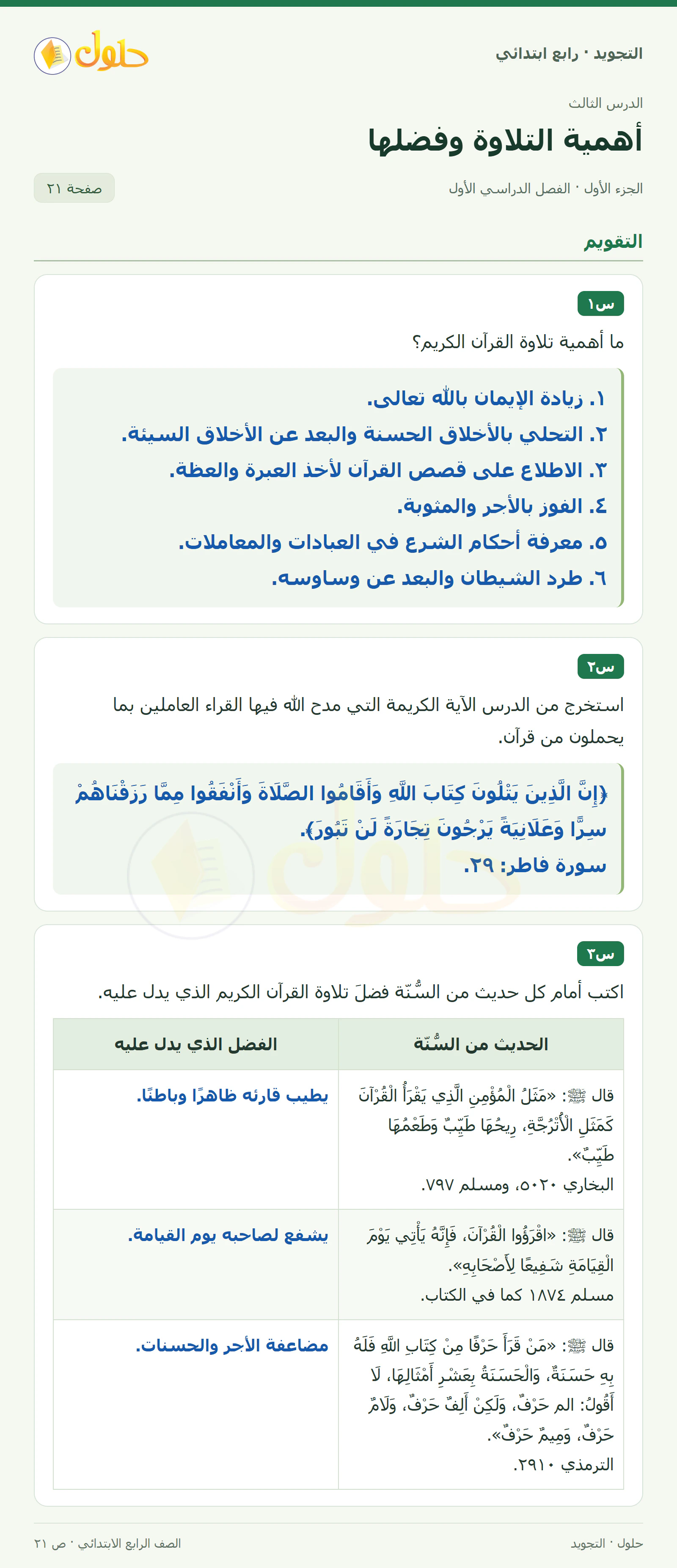 حل التجويد للصف الرابع الابتدائي، الفصل الدراسي الأول، أهمية التلاوة وفضلها، صفحة ٢١، الجزء ١