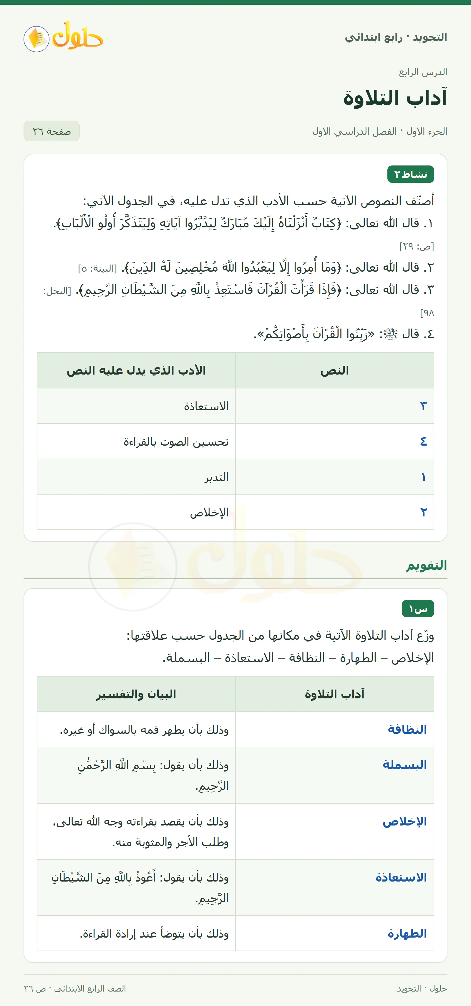حل التجويد للصف الرابع الابتدائي، الفصل الدراسي الأول، آداب التلاوة، صفحة ٢٦، الجزء ١