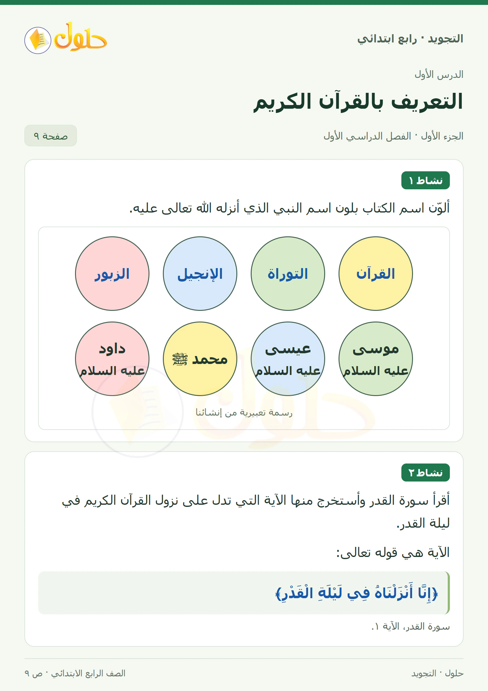 حل التجويد للصف الرابع الابتدائي، الفصل الدراسي الأول، التعريف بالقرآن الكريم، صفحة ٩، الجزء ١