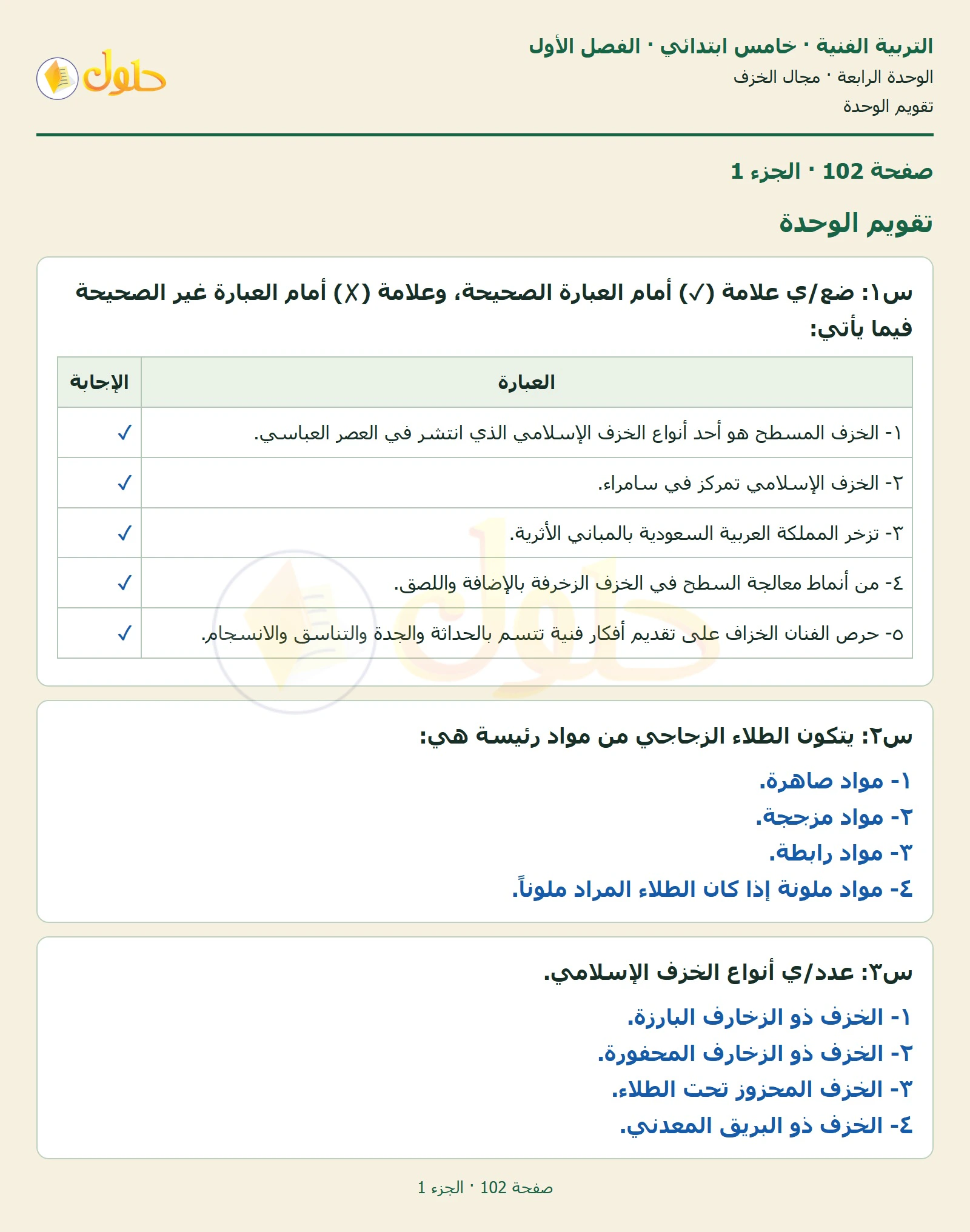 حل التربية الفنية للصف الخامس الابتدائي صفحة 102 الجزء 1