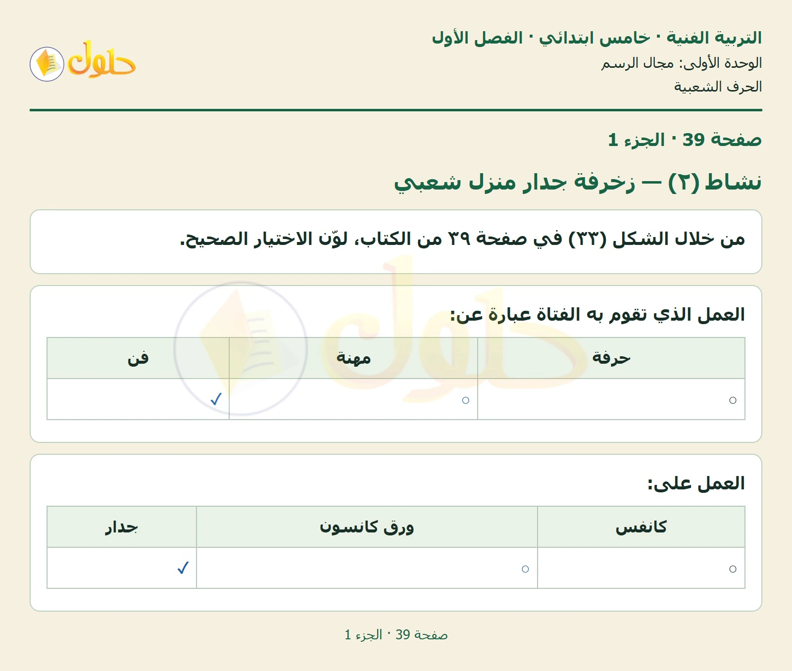 حل التربية الفنية للصف الخامس الابتدائي صفحة 39 الجزء 1