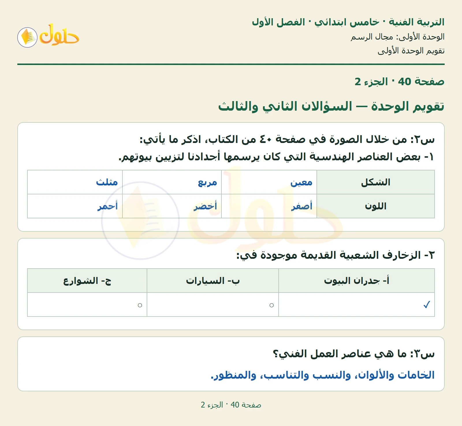 حل التربية الفنية للصف الخامس الابتدائي صفحة 40 الجزء 2