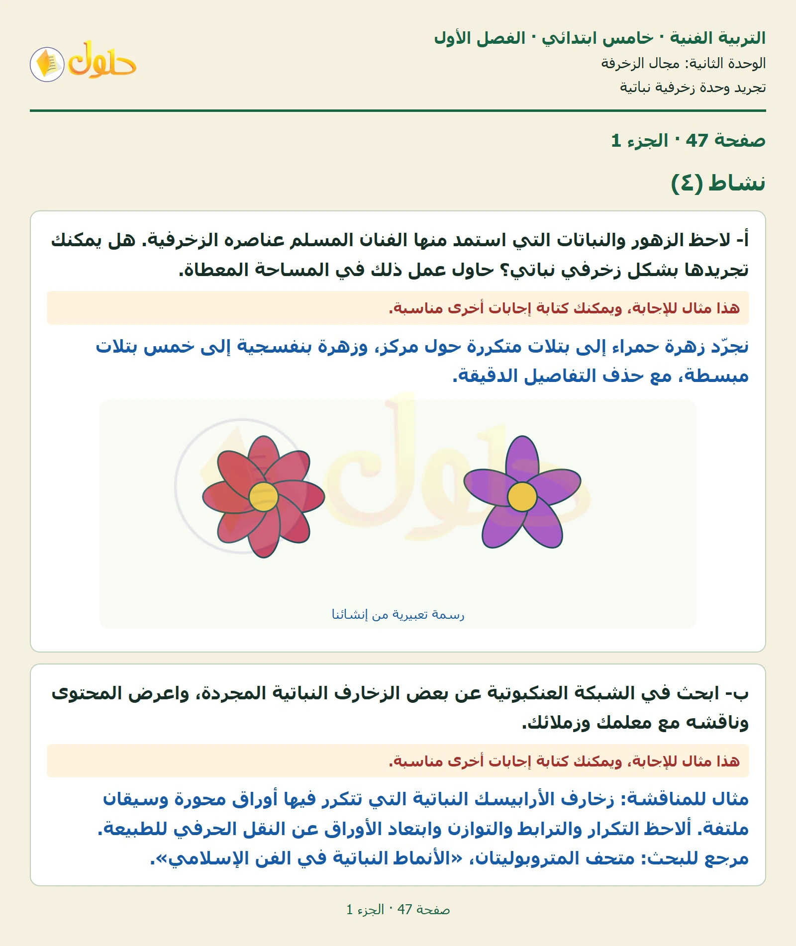 حل التربية الفنية للصف الخامس الابتدائي صفحة 47 الجزء 1