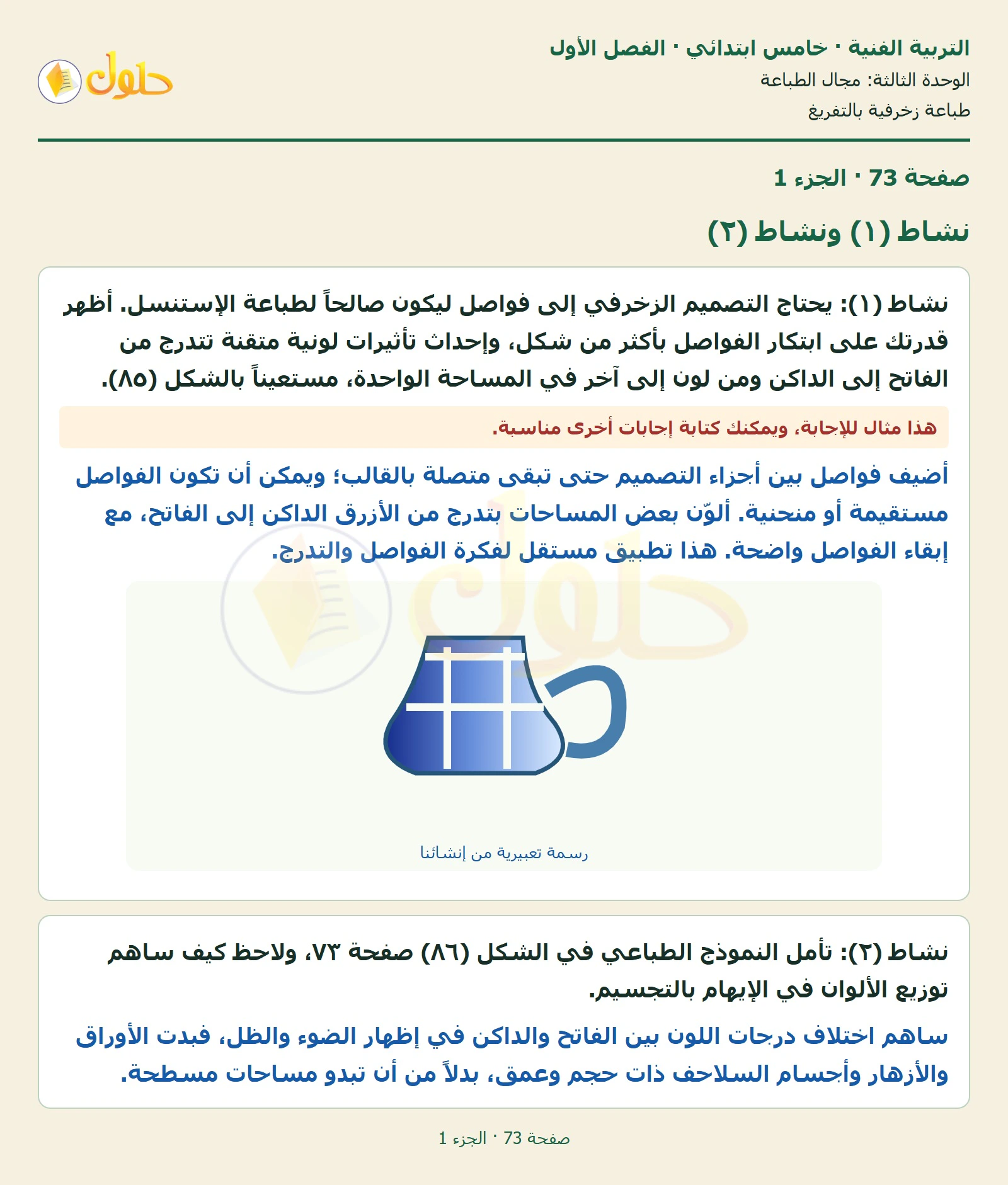 حل التربية الفنية للصف الخامس الابتدائي صفحة 73 الجزء 1