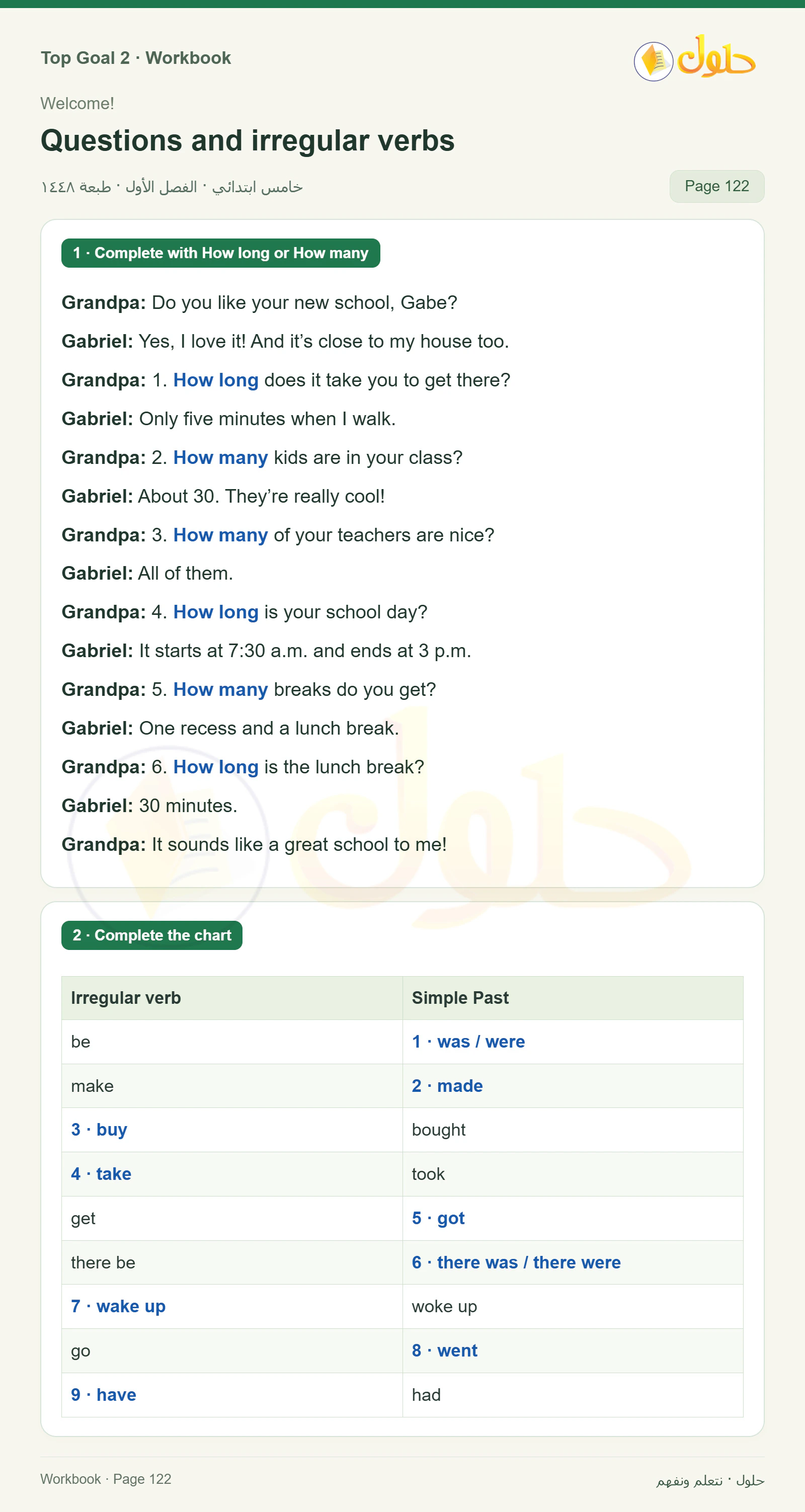حل اللغة الإنجليزية للصف الخامس الابتدائي صفحة ١٢٢ الجزء ١
