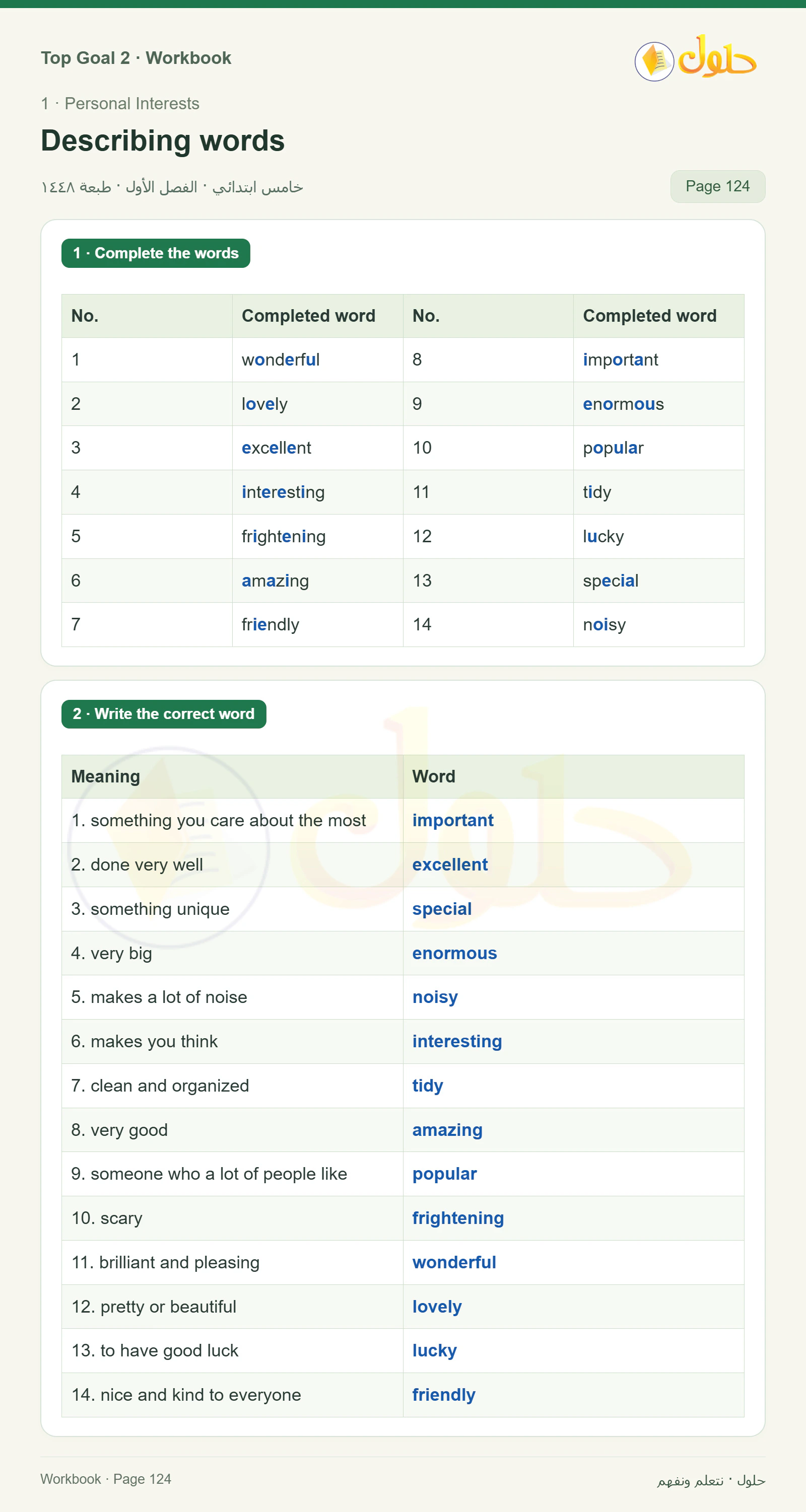 حل اللغة الإنجليزية للصف الخامس الابتدائي صفحة ١٢٤ الجزء ١