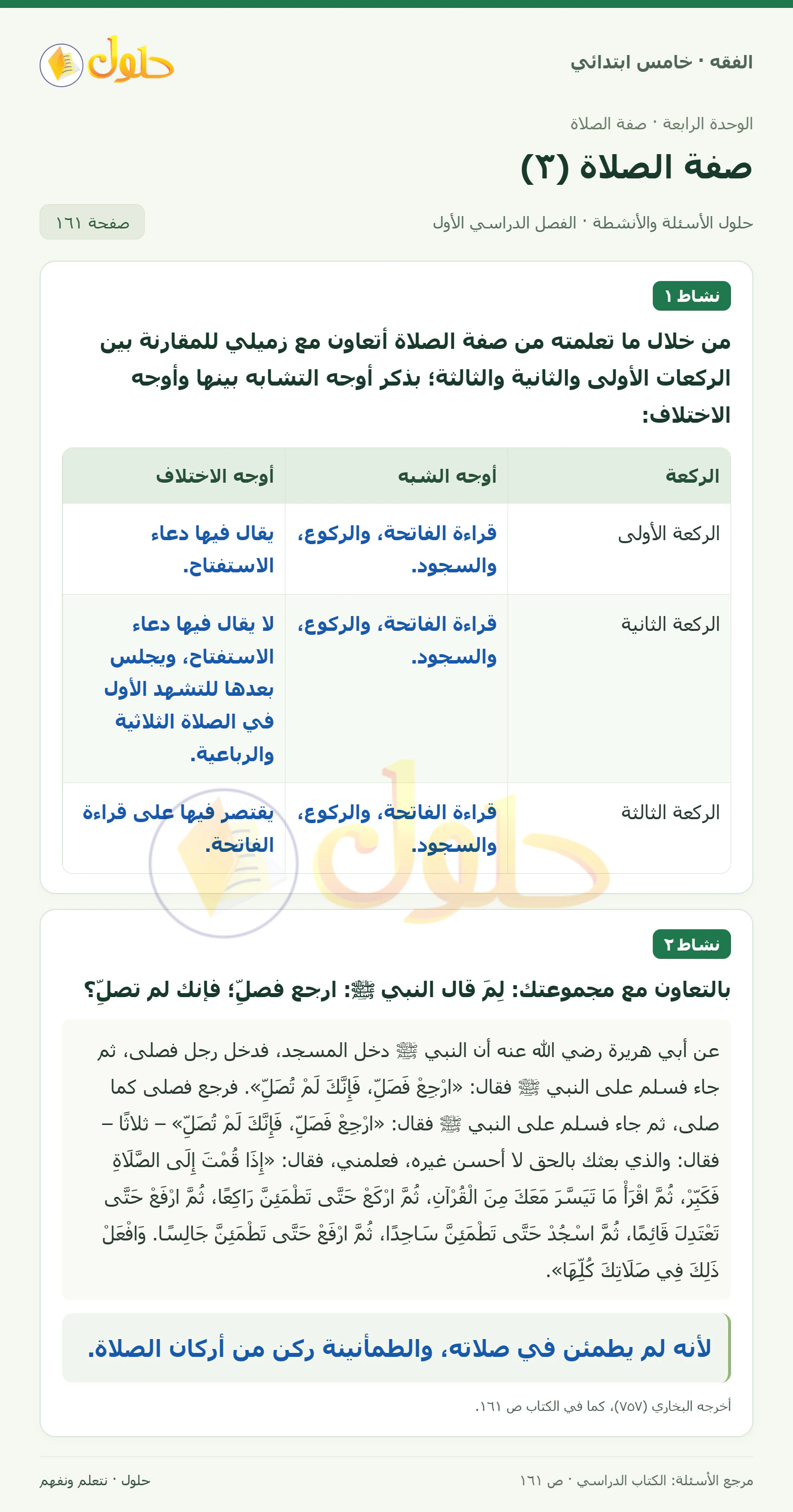 حل فقه خامس ابتدائي، الفصل الدراسي الأول، صفحة ١٦١، الجزء ١