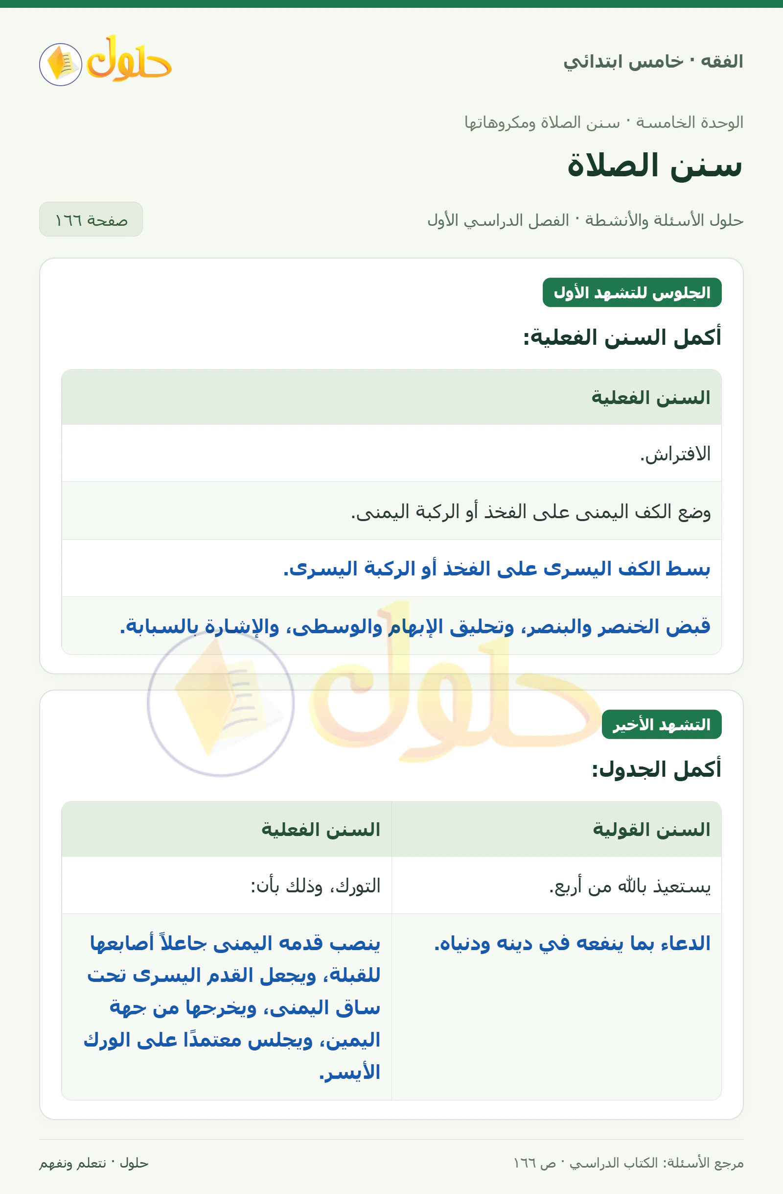 حل فقه خامس ابتدائي، الفصل الدراسي الأول، صفحة ١٦٦، الجزء ١