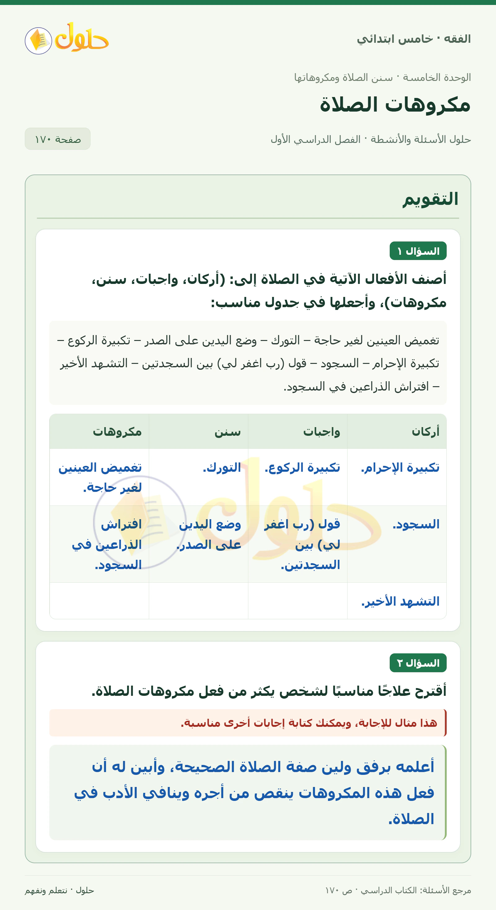 حل فقه خامس ابتدائي، الفصل الدراسي الأول، صفحة ١٧٠، الجزء ١