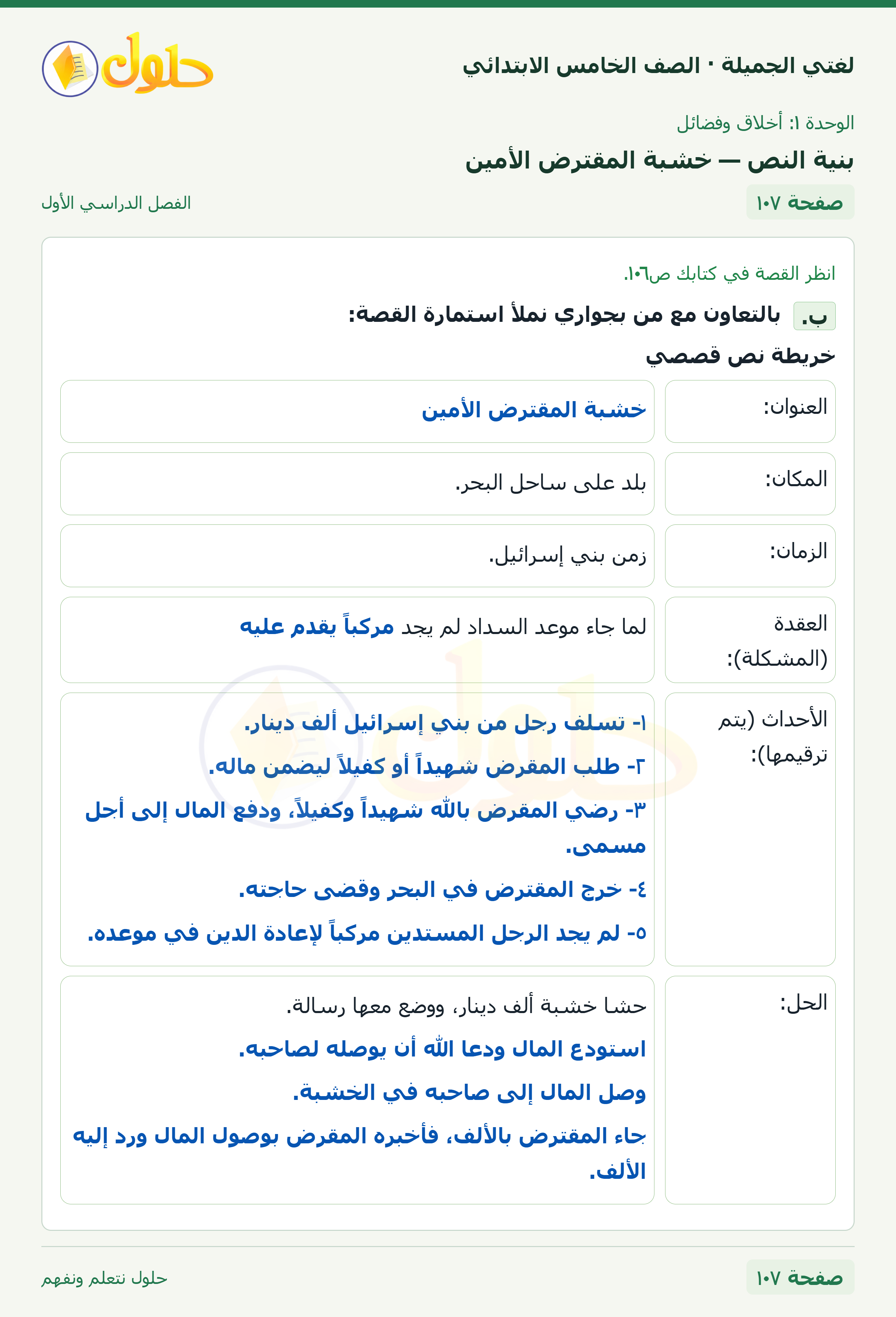 حل لغتي الجميلة للصف الخامس الابتدائي صفحة 107: بنية النص — خشبة المقترض الأمين
