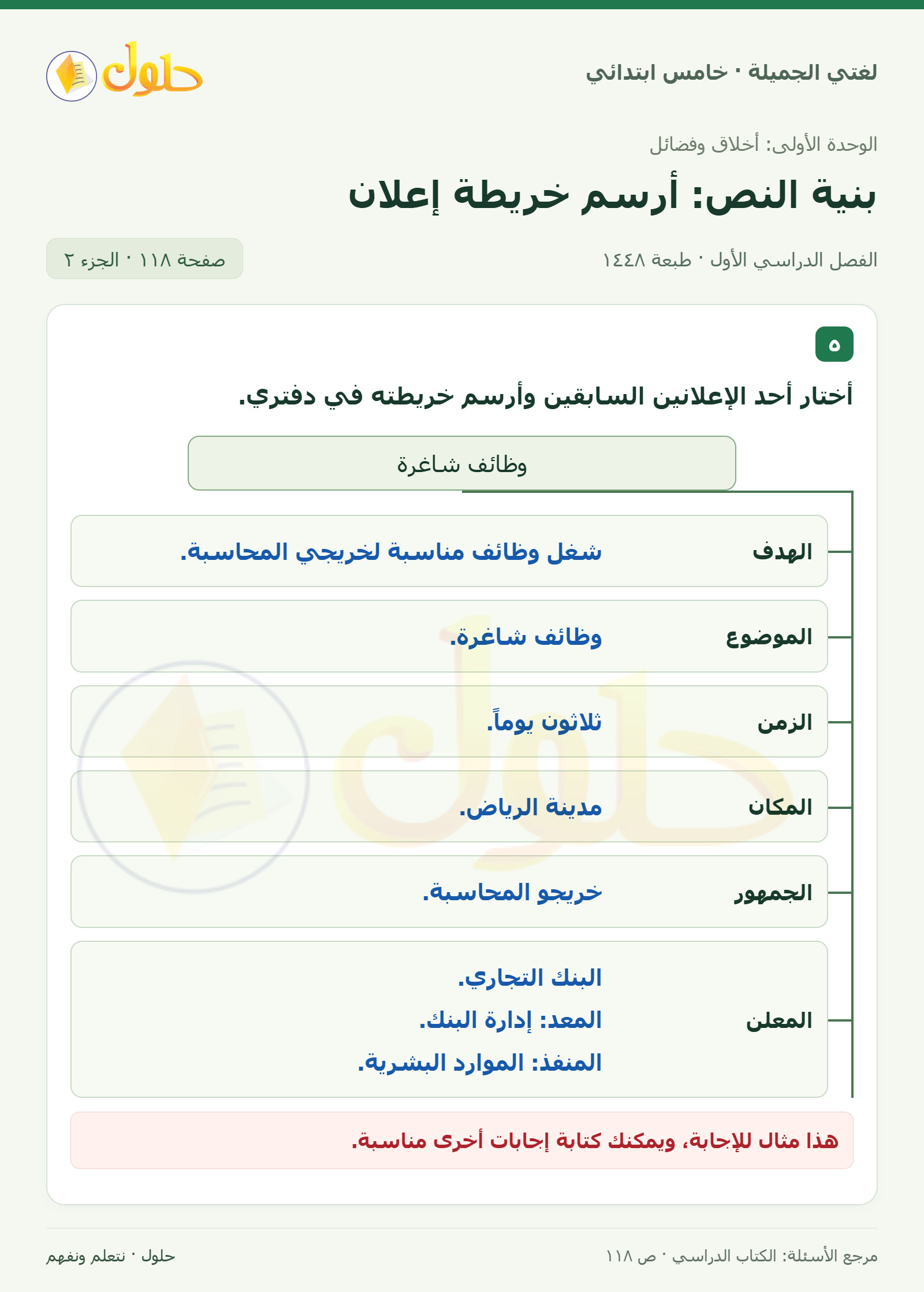 حل لغتي الجميلة للصف الخامس الابتدائي صفحة 118، الجزء ٢: تصنيف إعلانات الصحف ودراستها