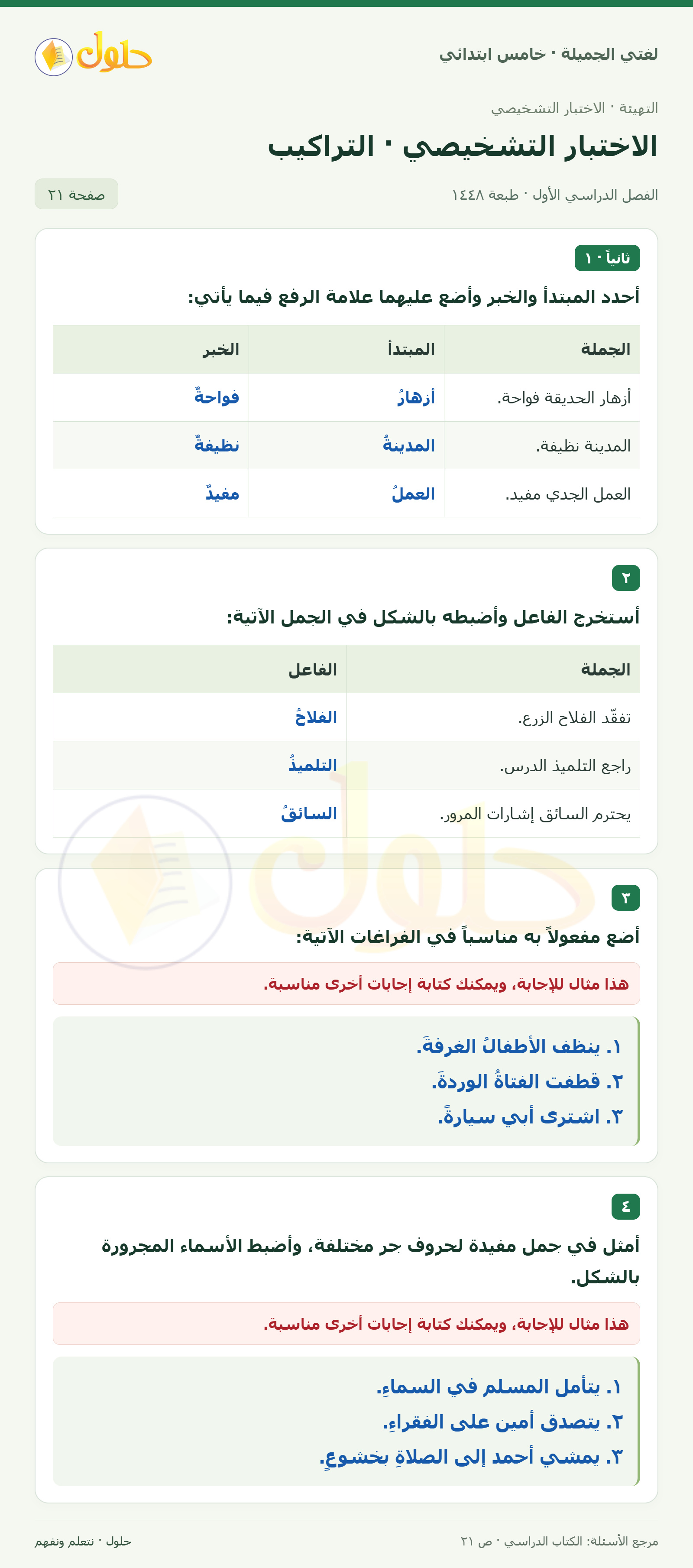 حل لغتي الجميلة للصف الخامس الابتدائي صفحة 21: تحديد المبتدأ والخبر وعلامة رفعهما