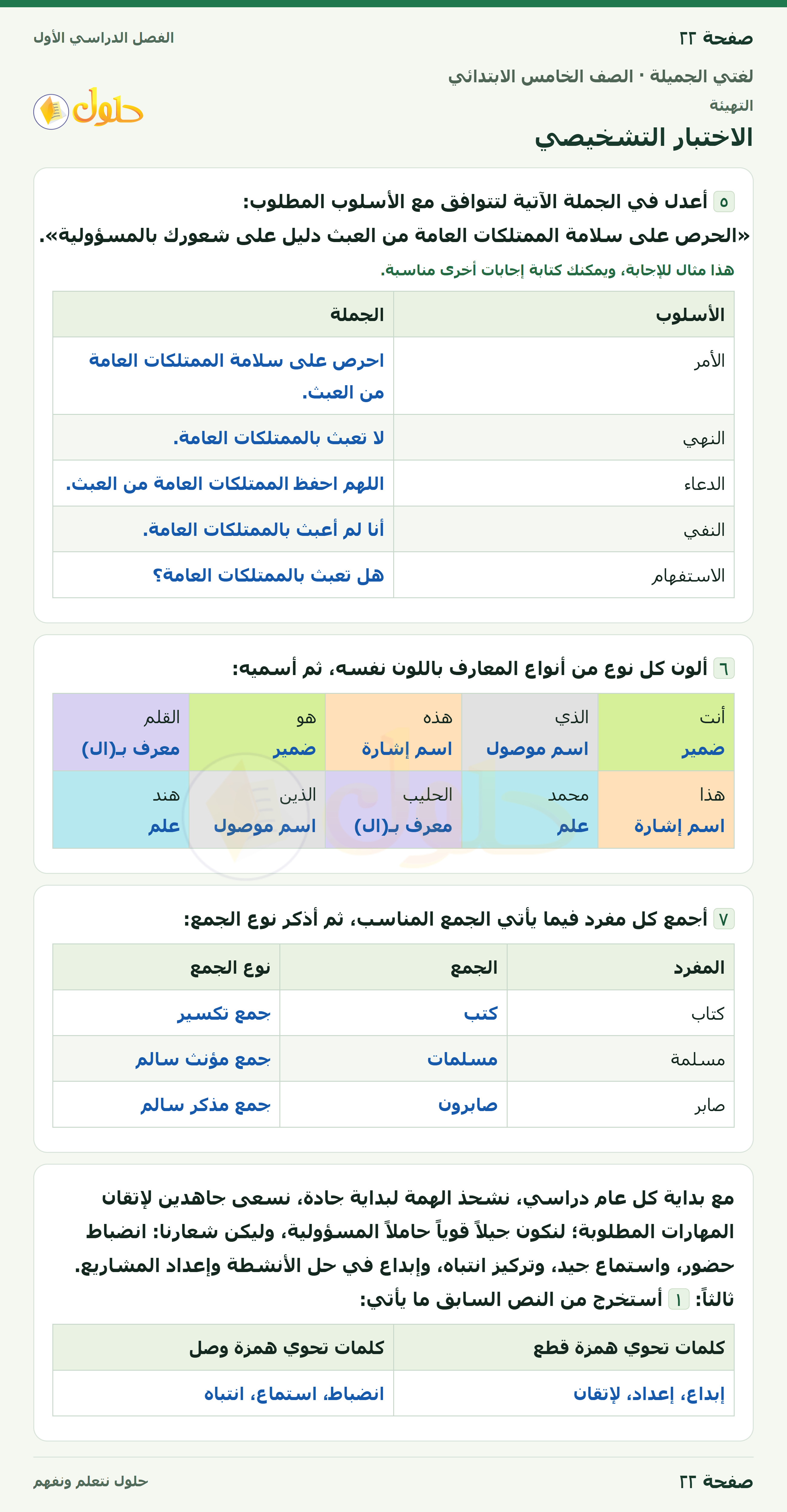 حل لغتي الجميلة للصف الخامس الابتدائي صفحة 22: الاختبار التشخيصي