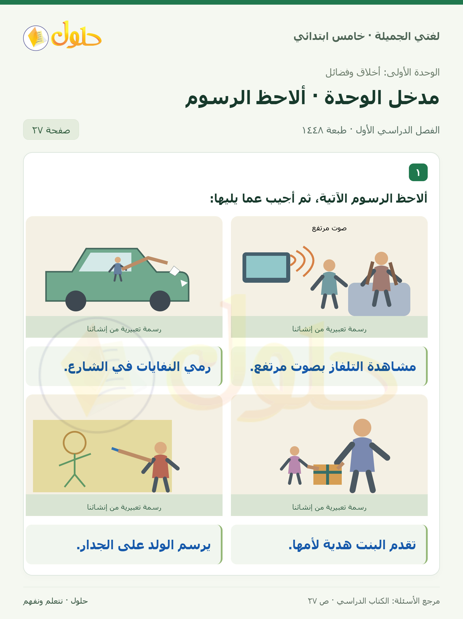 حل لغتي الجميلة للصف الخامس الابتدائي صفحة 27: التعليق على التصرفات المرسومة