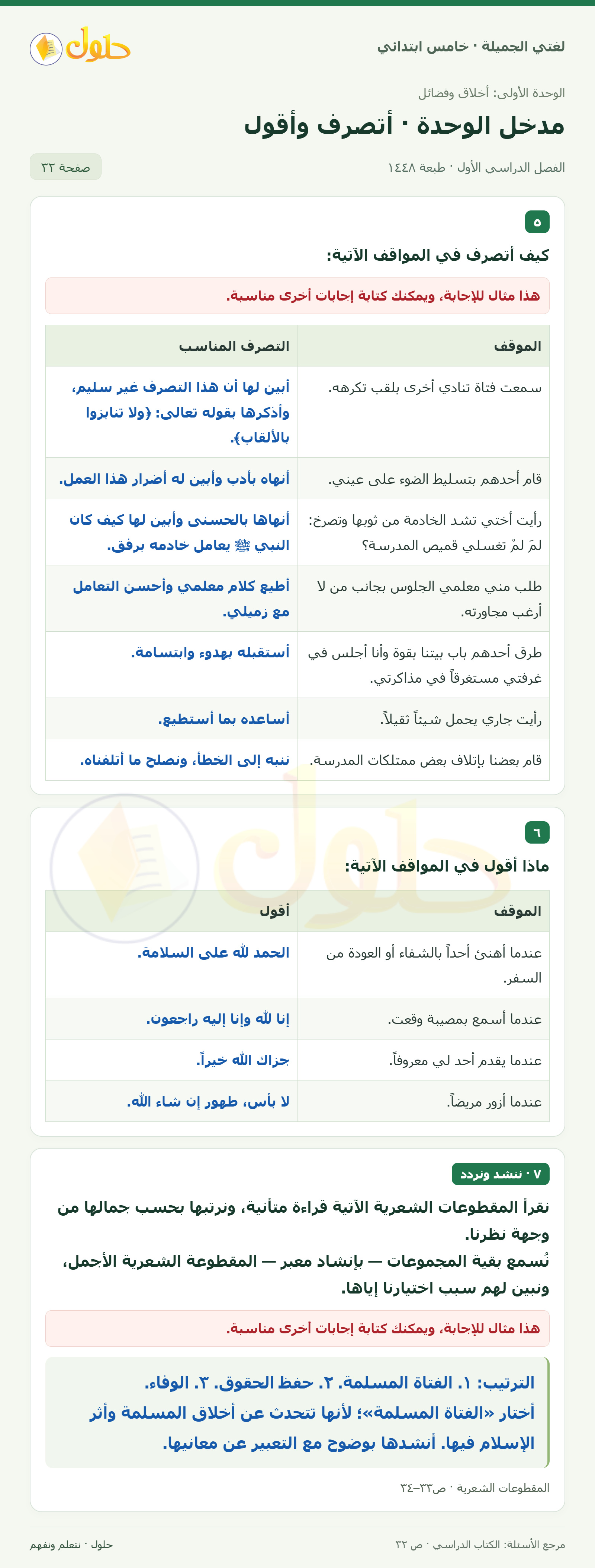 حل لغتي الجميلة للصف الخامس الابتدائي صفحة 32: التصرف في سبعة مواقف