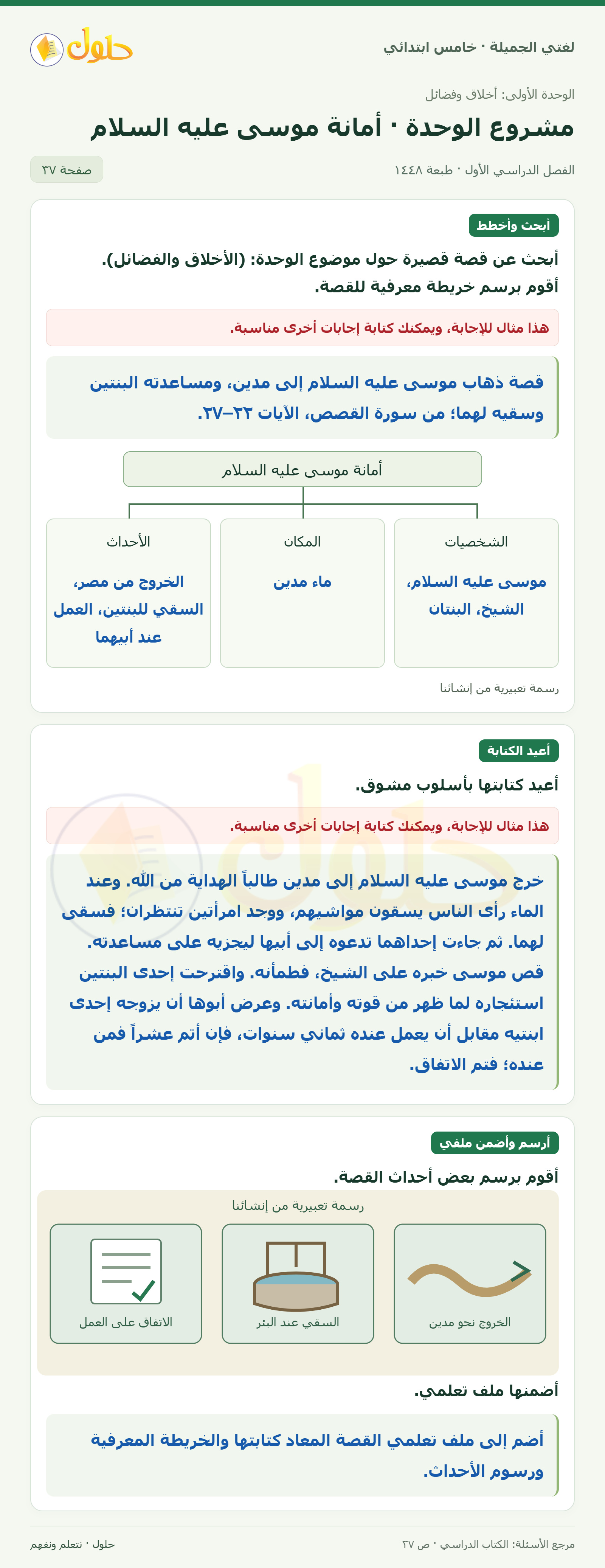 حل لغتي الجميلة للصف الخامس الابتدائي صفحة 37: مشروع الوحدة
