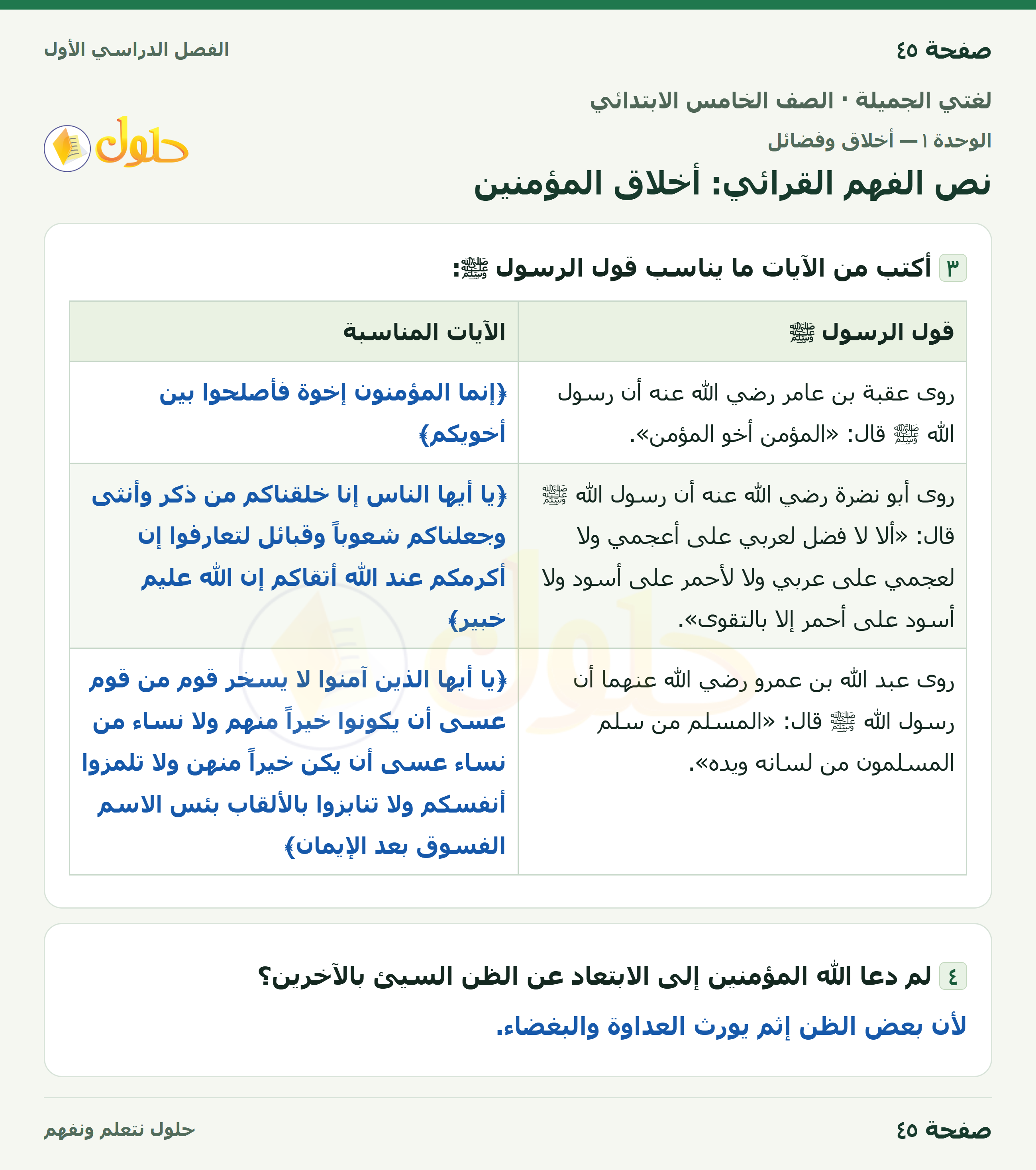حل لغتي الجميلة للصف الخامس الابتدائي صفحة 45: نص الفهم القرائي: أخلاق المؤمنين