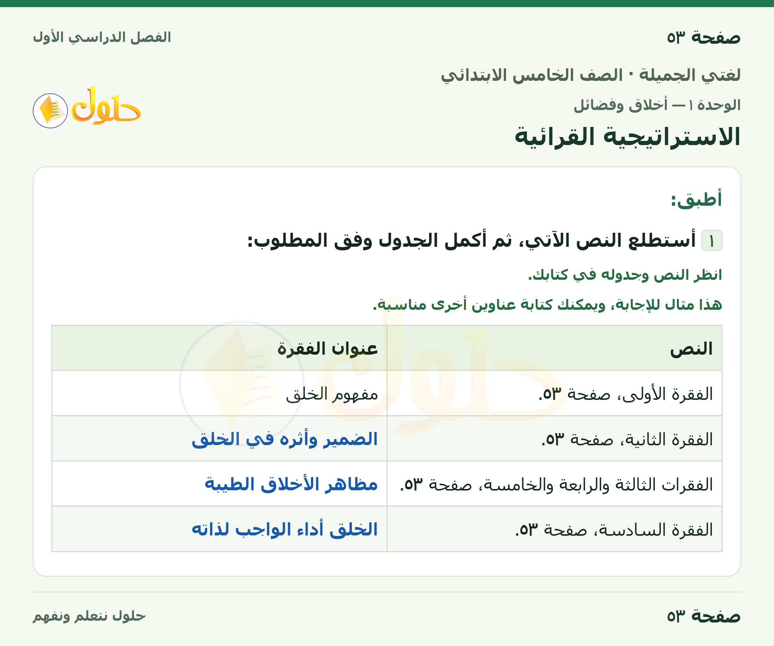 حل لغتي الجميلة للصف الخامس الابتدائي صفحة 53: الاستراتيجية القرائية